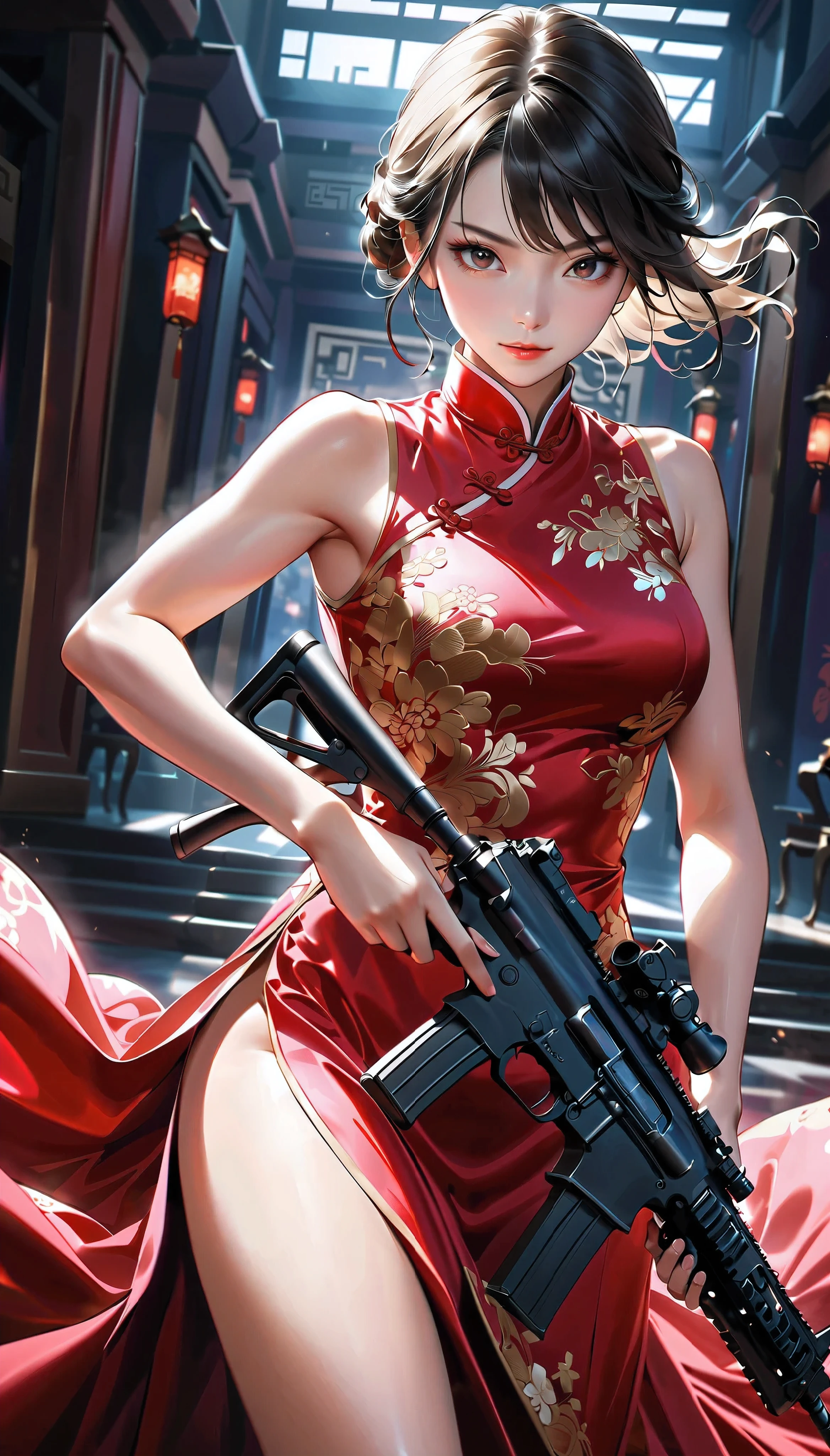 a girl shooting an assault rifle, a woman in a luxurious silk cheongsam, defiant smile, high-powered assault rifle, soft supple thighs, detailed elegant cheongsam, dramatic lighting, intense expression, cinematic lighting, sharp focus, photorealistic, dark moody atmosphere, vibrant colors, intricate details, elegant pose, action scene, powerful presence, masterpiece