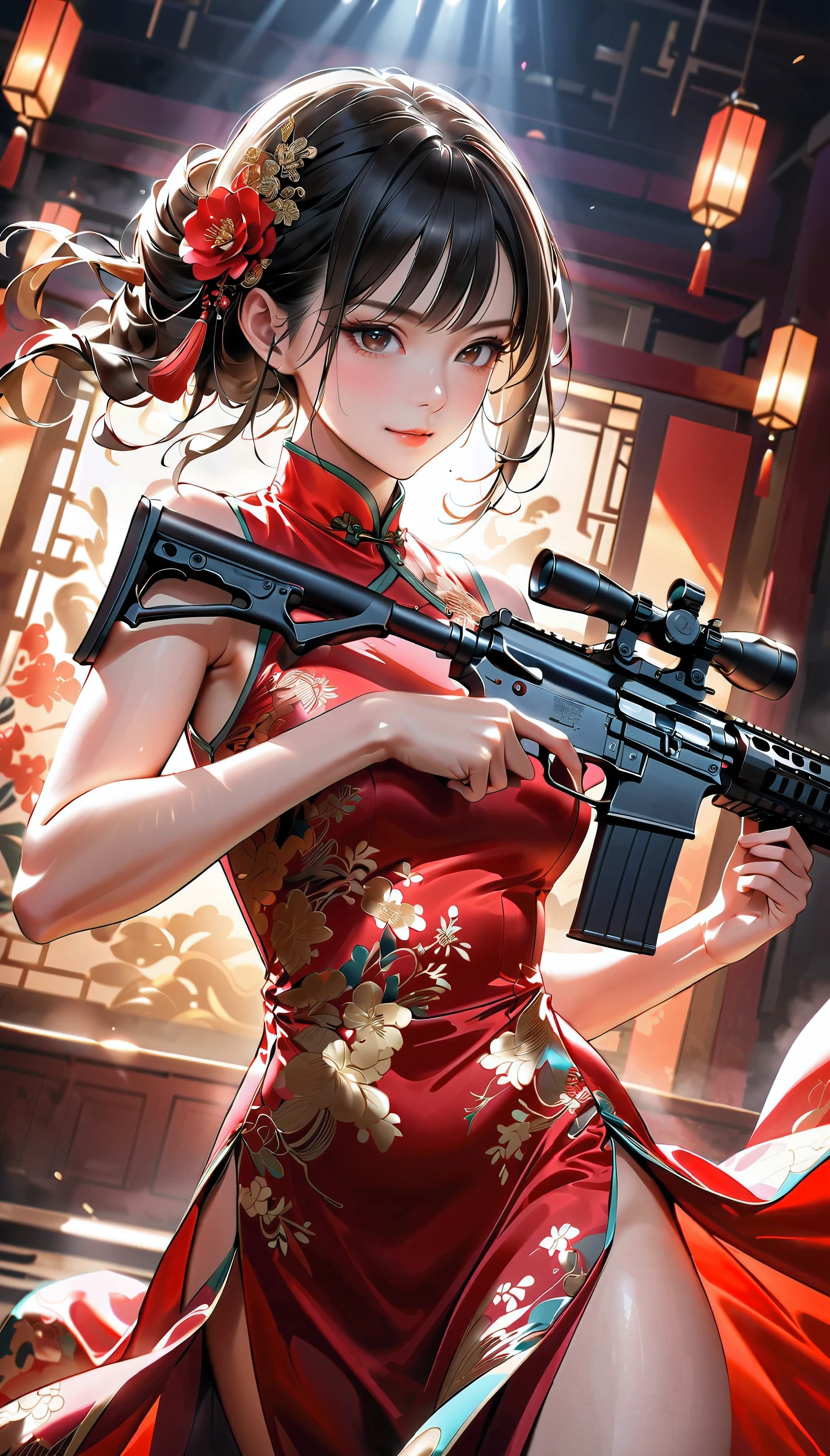 a girl shooting an assault rifle, a woman in a luxurious silk cheongsam, defiant smile, high-powered assault rifle, soft supple thighs, detailed elegant cheongsam, dramatic lighting, intense expression, cinematic lighting, sharp focus, photorealistic, dark moody atmosphere, vibrant colors, intricate details, elegant pose, action scene, powerful presence, masterpiece