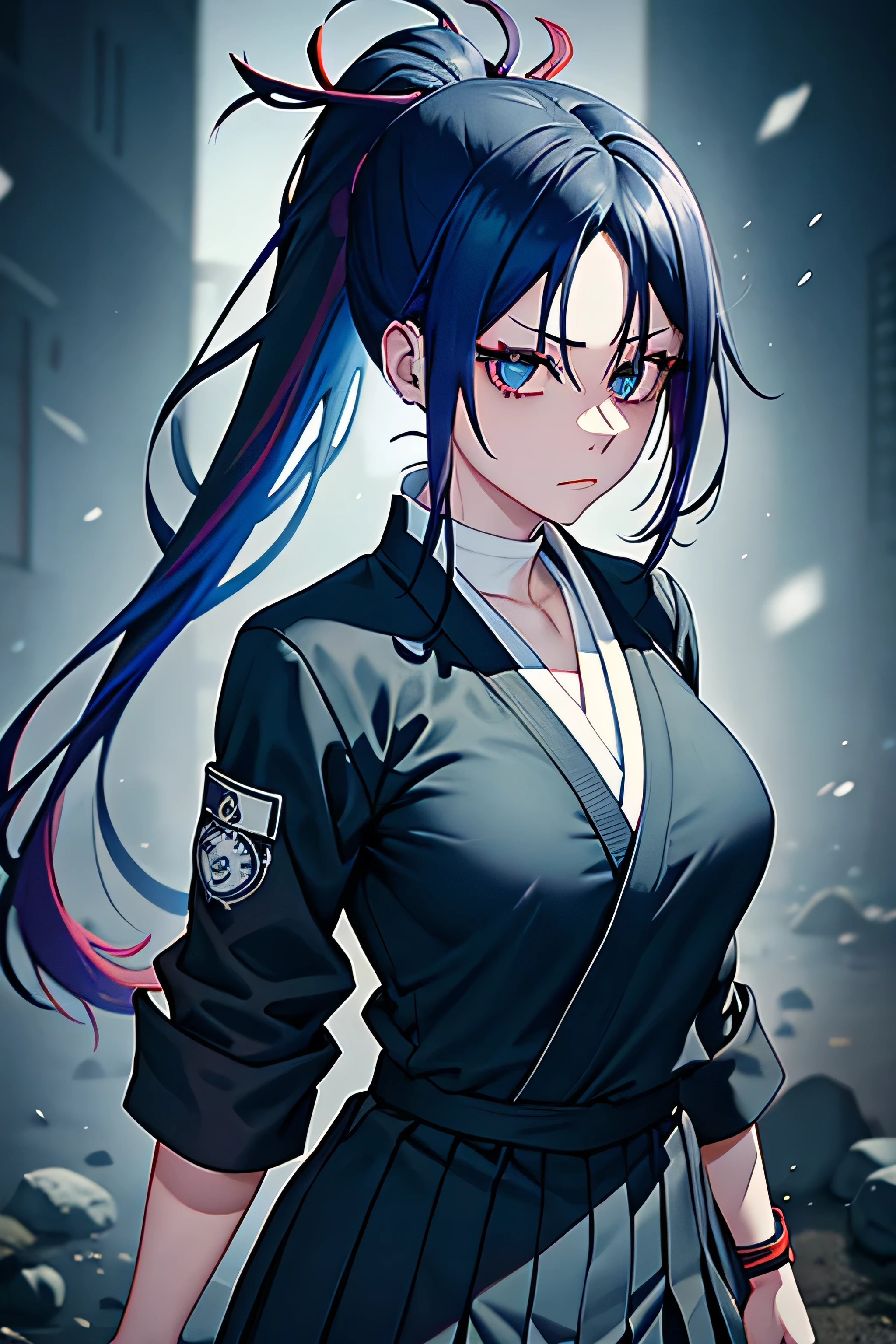 eenage girl with long blue hair tied in a ponytail with a slightly dark tone,(((( jujutsu kaisen school uniform)))) in mixed colors of black and blue, aura in an extremely dark red color, dark background, dark blue eyes,black hair, 1female, blue eyes, medium breasts,cinematic lighting , cinematic angle, soft light , color detail, backlighting, Depth of field, long exposure, light steps, intricate colors, vibrant colors, anime art style