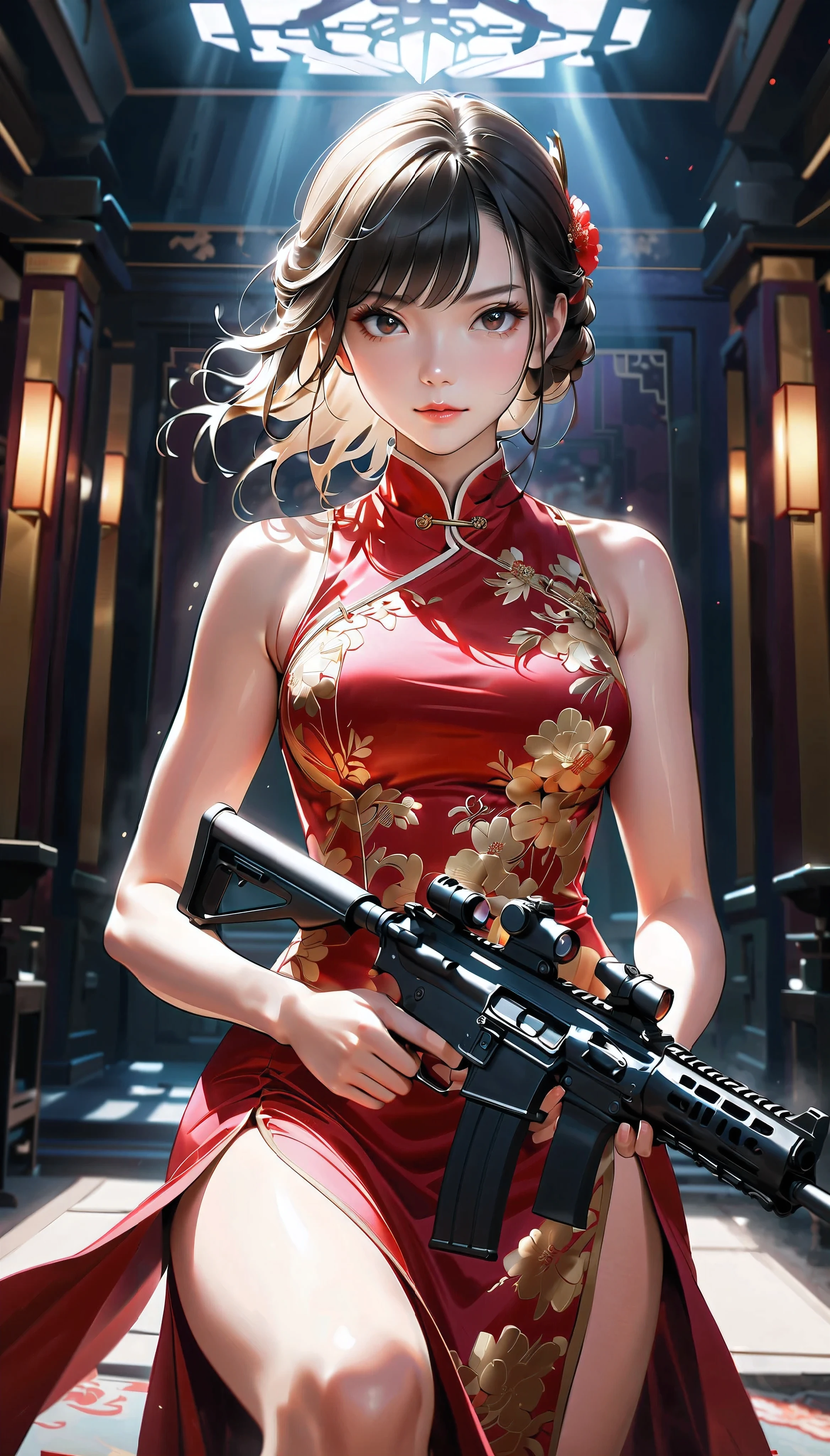 a girl shooting an assault rifle, a woman in a luxurious silk cheongsam, defiant smile, high-powered assault rifle, soft supple thighs, detailed elegant cheongsam, dramatic lighting, intense expression, cinematic lighting, sharp focus, photorealistic, dark moody atmosphere, vibrant colors, intricate details, elegant pose, action scene, powerful presence, masterpiece