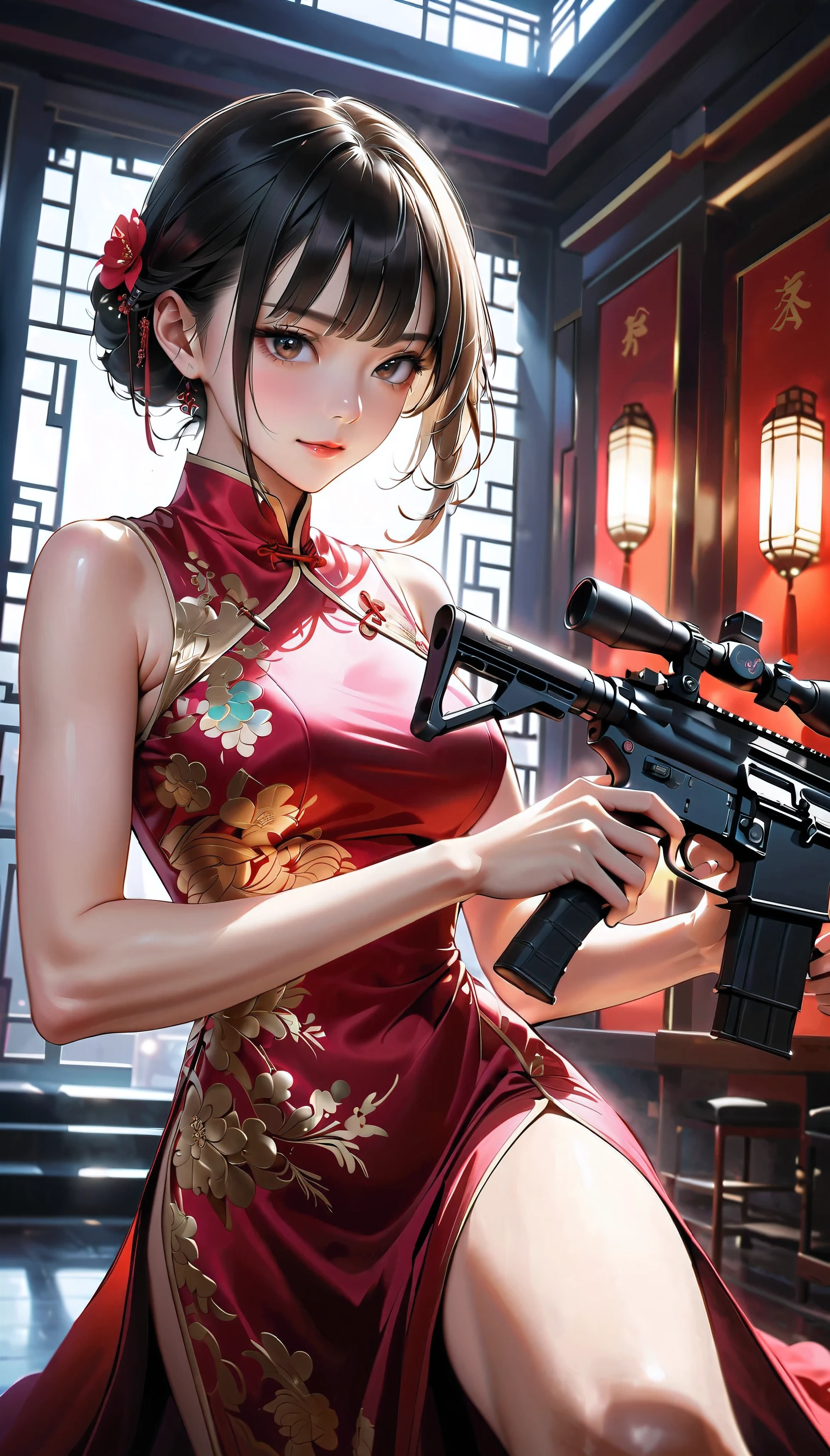 a girl shooting an assault rifle, a woman in a luxurious silk cheongsam, defiant smile, high-powered assault rifle, soft supple thighs, detailed elegant cheongsam, dramatic lighting, intense expression, cinematic lighting, sharp focus, photorealistic, dark moody atmosphere, vibrant colors, intricate details, elegant pose, action scene, powerful presence, masterpiece