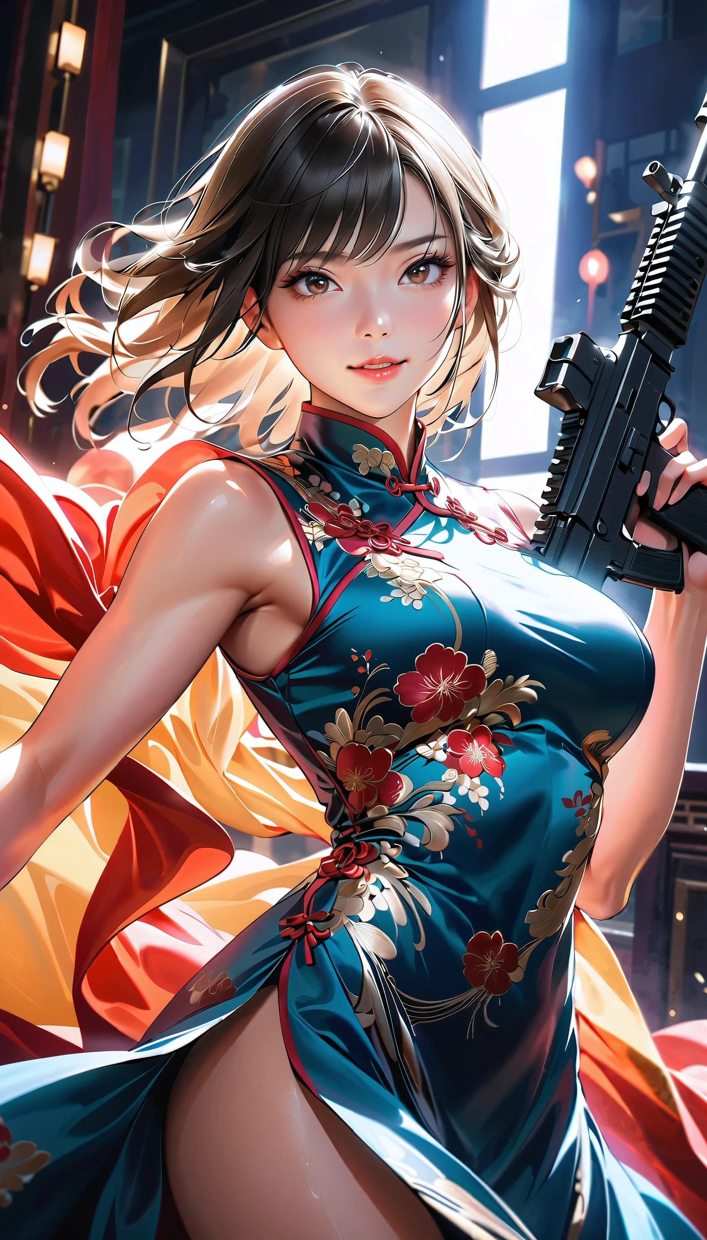 a girl shooting an assault rifle, a woman in a luxurious silk cheongsam, defiant smile, high-powered assault rifle, soft supple thighs, detailed elegant cheongsam, dramatic lighting, intense expression, cinematic lighting, sharp focus, photorealistic, dark moody atmosphere, vibrant colors, intricate details, elegant pose, action scene, powerful presence, masterpiece