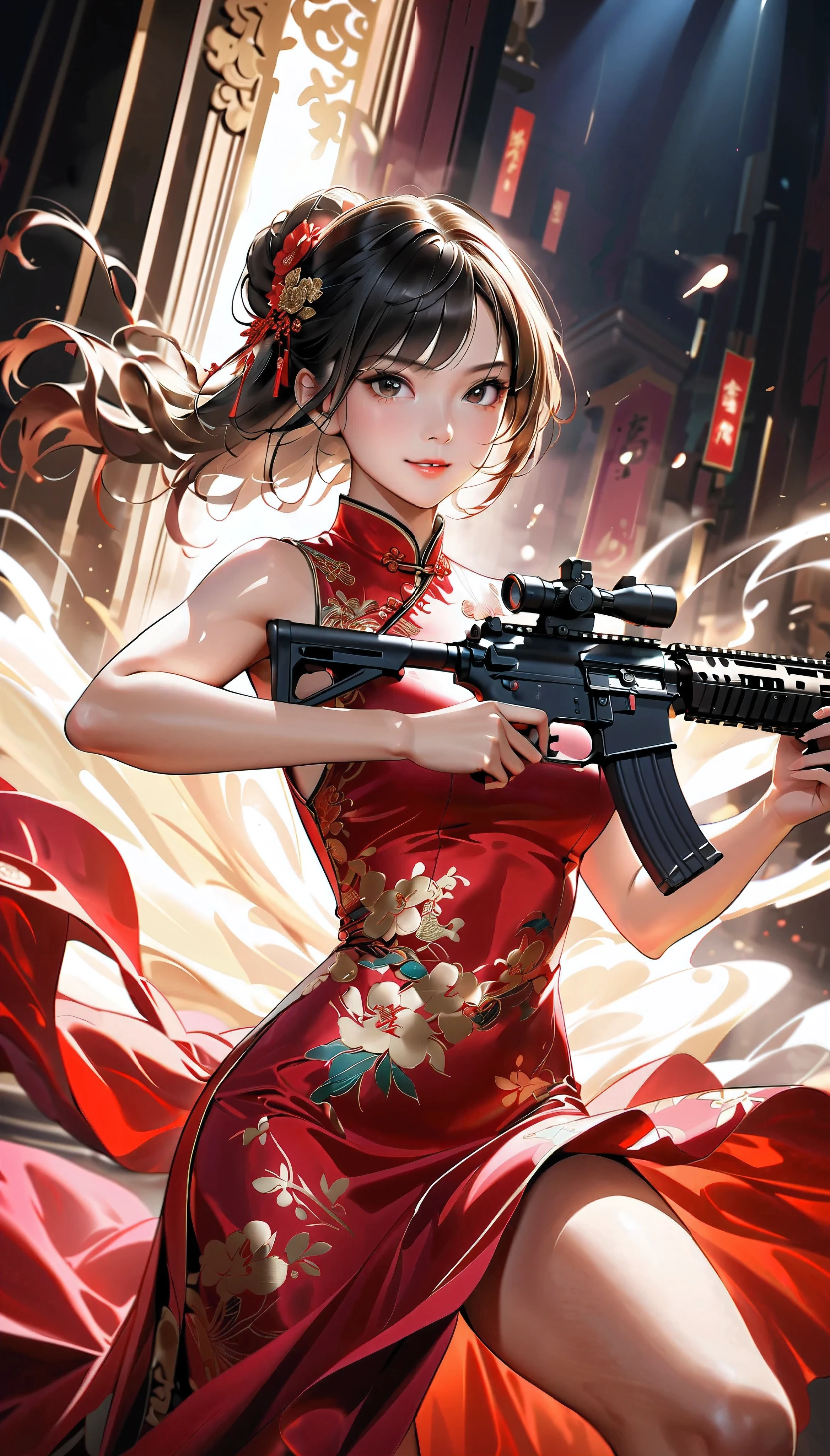 a girl shooting an assault rifle, a woman in a luxurious silk cheongsam, defiant smile, high-powered assault rifle, soft supple thighs, detailed elegant cheongsam, dramatic lighting, intense expression, cinematic lighting, sharp focus, photorealistic, dark moody atmosphere, vibrant colors, intricate details, elegant pose, action scene, powerful presence, masterpiece