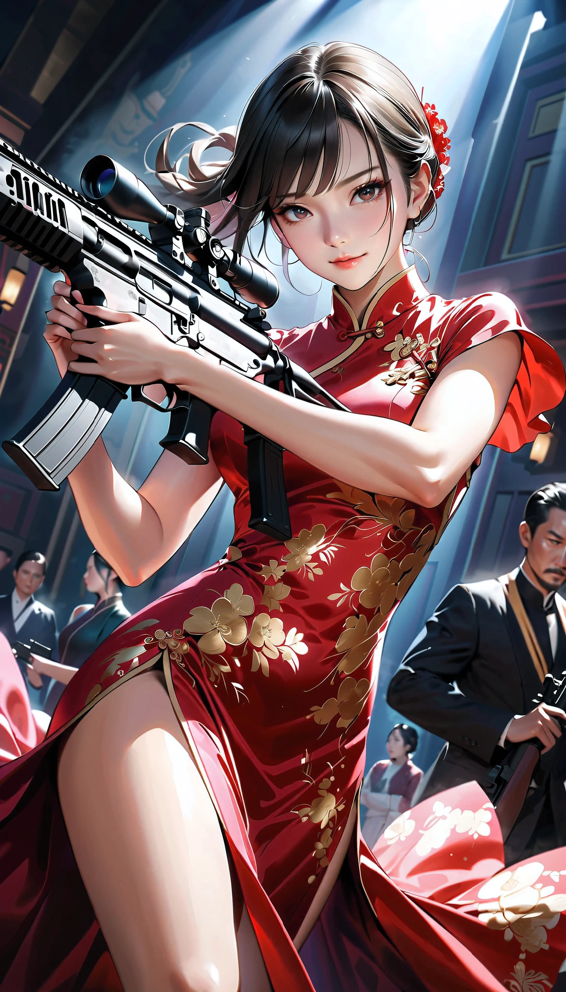 a girl shooting an assault rifle, a woman in a luxurious silk cheongsam, defiant smile, high-powered assault rifle, soft supple thighs, detailed elegant cheongsam, dramatic lighting, intense expression, cinematic lighting, sharp focus, photorealistic, dark moody atmosphere, vibrant colors, intricate details, elegant pose, action scene, powerful presence, masterpiece