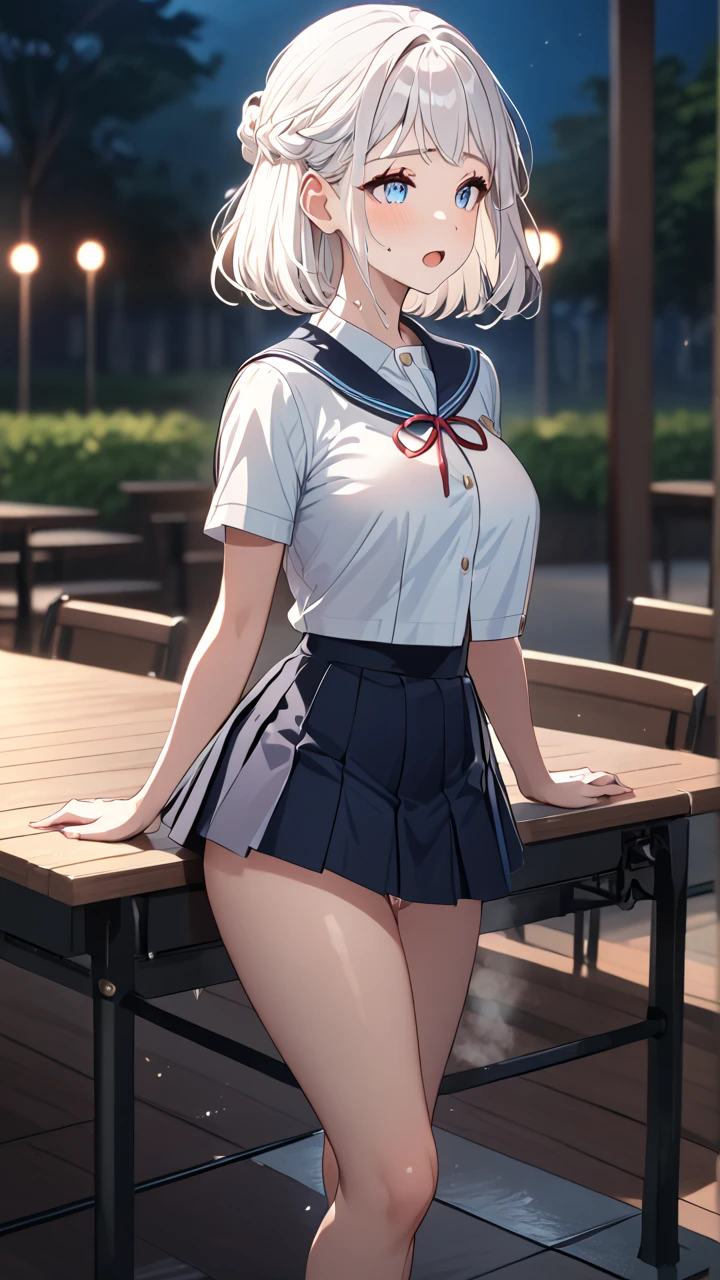 (  Masterpiece , ultra detail, top quality,8k,CG:1),Illustration,( cute face, clean skin , shiny hair, ultra detail-eyes:1),Alone, 1 girl in uniform,Katsuragi Riliya, blue eyes,White Hair, short hair,Big Breasts, school uniform, skirt,between legsが見えている, nipples are visible in the steam,sweat,Thighs,Night Park,makeup, Table Humping, Crotch rub,between legs, Horizontal bar,   pussy juice, open mouth,Red face,