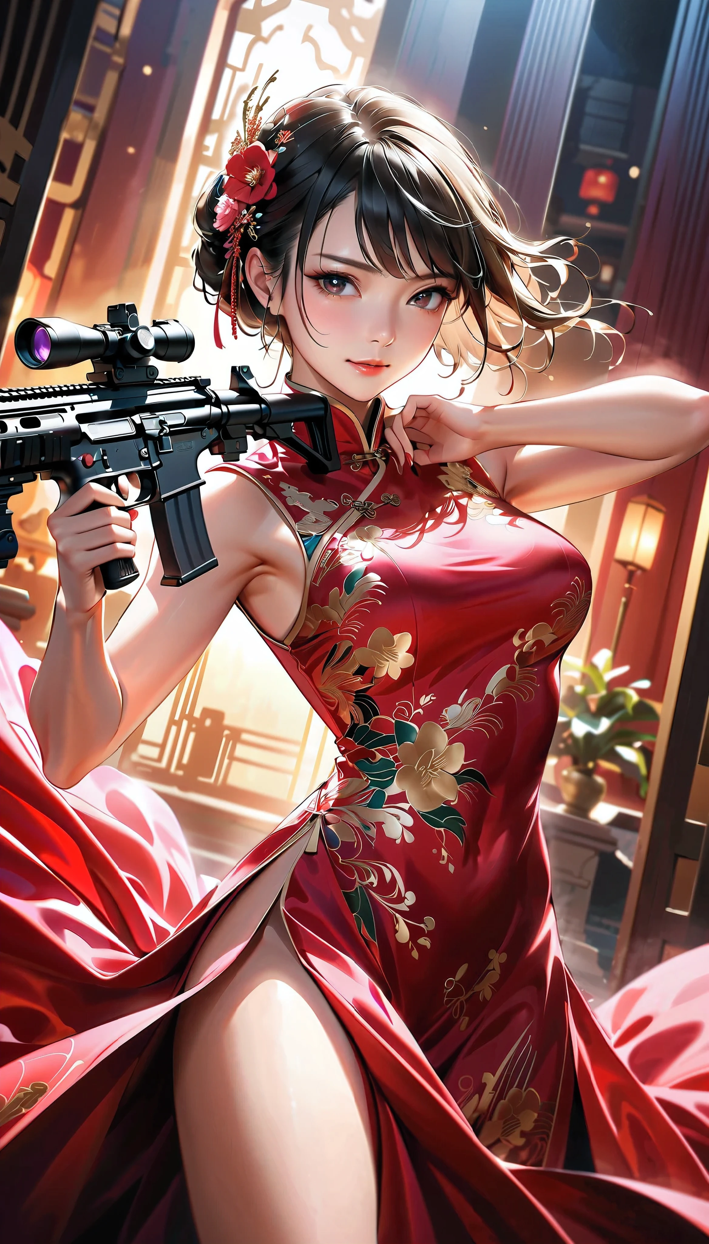 a girl shooting an assault rifle, a woman in a luxurious silk cheongsam, defiant smile, high-powered assault rifle, soft supple thighs, detailed elegant cheongsam, dramatic lighting, intense expression, cinematic lighting, sharp focus, photorealistic, dark moody atmosphere, vibrant colors, intricate details, elegant pose, action scene, powerful presence, masterpiece