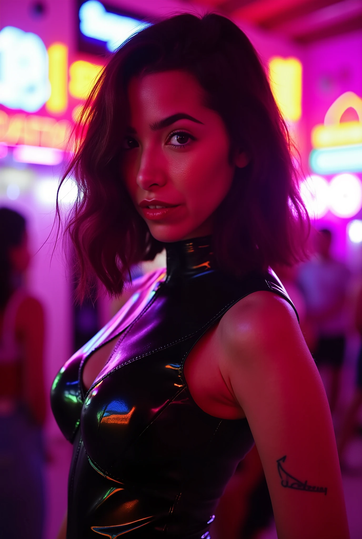 portrait of anya, she is wearing shiny red lip gloss, looking directly at the viewer, she is wearing a latex cyberpunk outfit, she is standing in a nightclub, the room is brightly lit with neon lights,
