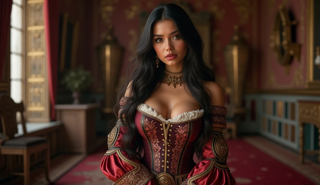 "A masterful hyperrealistic photo of a timeless beauty that exudes the essence of a Gibson smiling Girl in her prime. Her luxurious upswept hair is adorned with exquisite ornaments, and her deep necked red blouse accentuates her graceful curves. The intricate details of her attire and facial features are rendered with incredible precision. adding a touch of quirkiness to this otherwise classic portrait
photo"