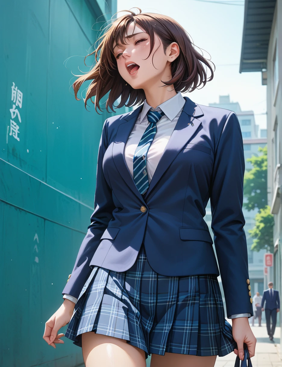  high school girl、 blazer uniform、 plaid skirt、 standing、 navy blue blazer、 orgasm 、 ecstasy