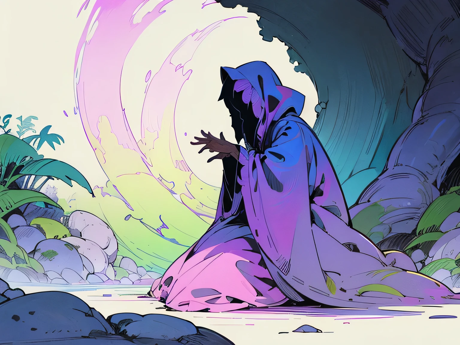 sideview,Alone,(Nazgul),purple geometric design robe,sitting on a rock、Plants、 Fantastic Scenery 、Door to another world、Aurora Revolution,(manga style),(sketch),(illustration),