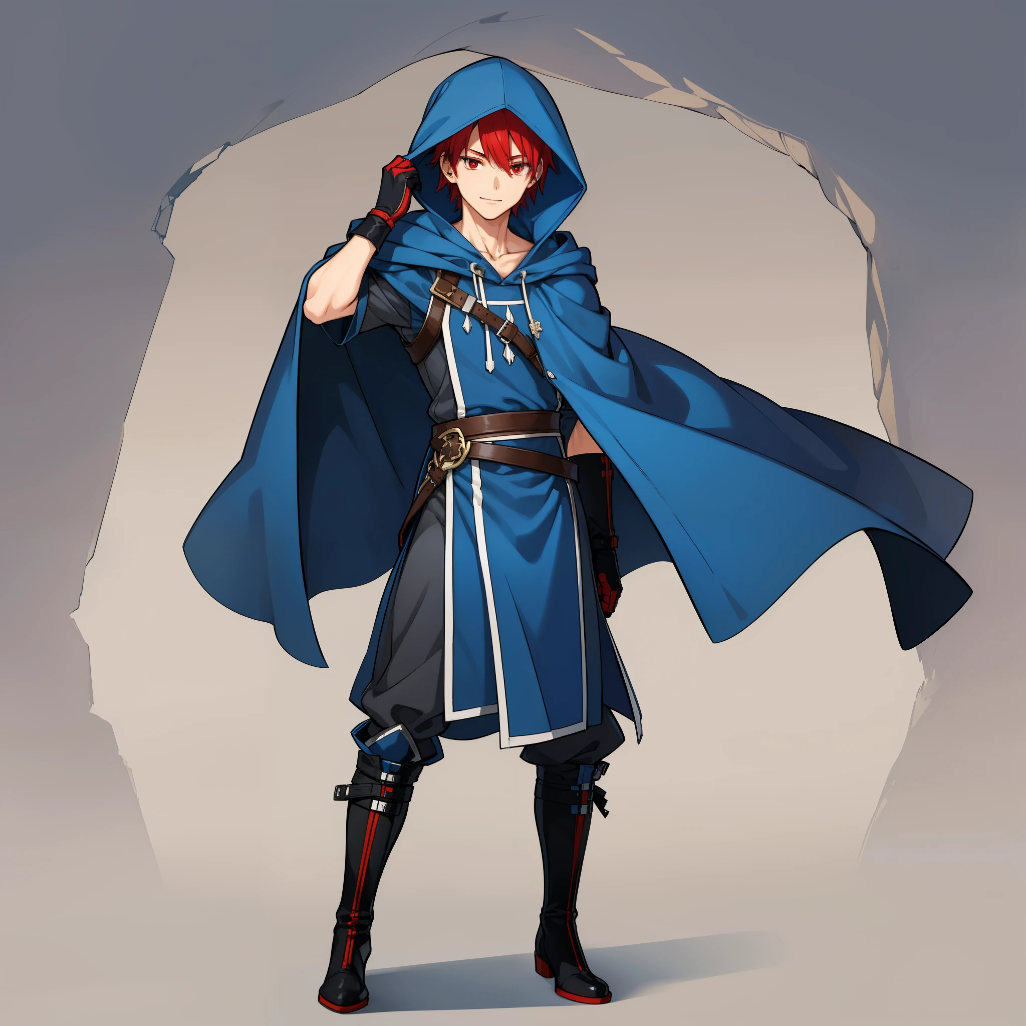 (high-quality, breathtaking),(expressive eyes, perfect face) 1male, boy , solo, young adult, short hair length, fluffy spiked hair, red hair, red eyes, sky blue hooded cape, hood up, grey background, symmetrical eyes, full body, portrait, symmetrical body, centred composition, gloves, boots, fantasy attire, mage profession, fire emblem, smile, positive expression, blue and white robe, black under shirt, black baggy pants, kind face, simple background
