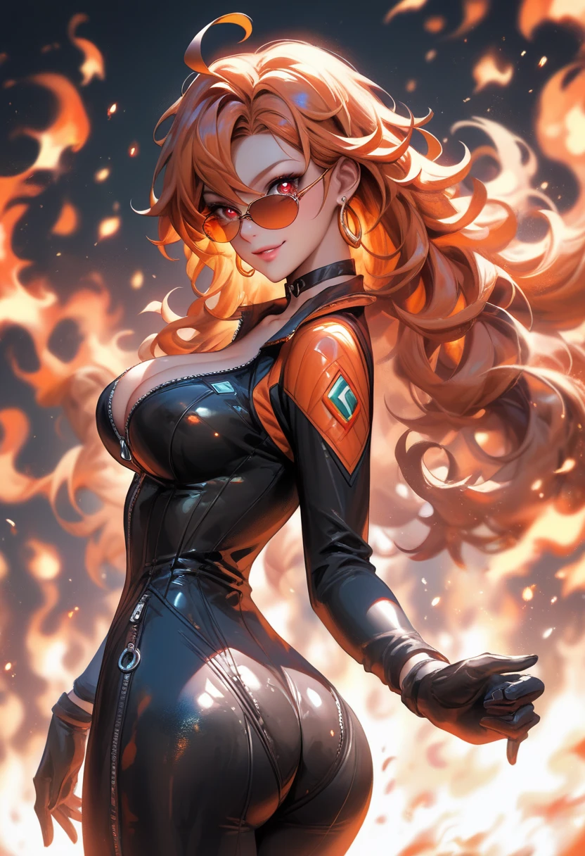 (masterpiece, best quality:1.4), (beautiful, aesthetic, perfect, delicate, intricate:1.2),(realistic:1.3), cinematic shot, cinematic lighting, (1girl, solo), (perfect face, beautiful eyes, eyeliner, expressive eyes), (orange long wavy hair), cute, adorable, (gigantic breasts, narrow waists), (black bodysuit, detailed bodysuit, delicate bodysuit, cleavage, cut out clevange), night, in the dark, at ruins, pyromancer, fire magic, flame control, combustion, fiery spells, burning, (cowboy shot),