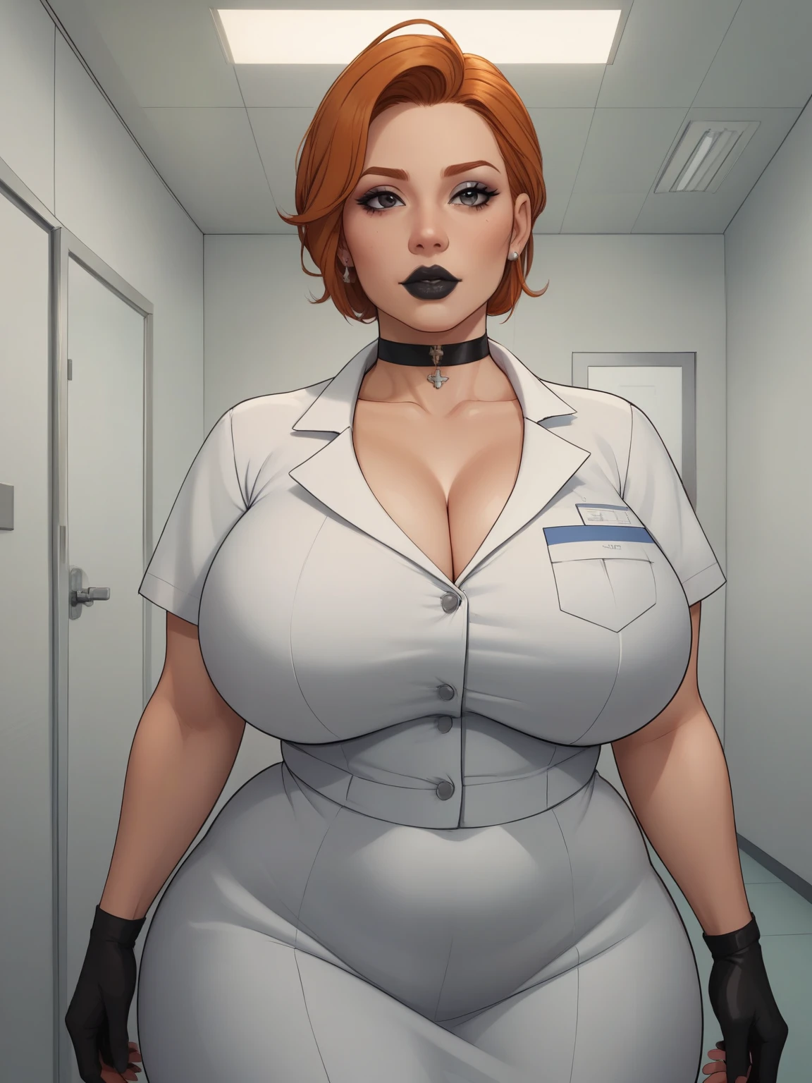 score_9, score_8_up, score_7_up, BREAK, 1girl, solo, black eyes. ginger. huge saggy breasts. bbw. huge hips. dextersmom, makeup, jewelry, mature female, choker. Hospital. the clothes of a medical worker. the hospital ward. black lips. cleavege
