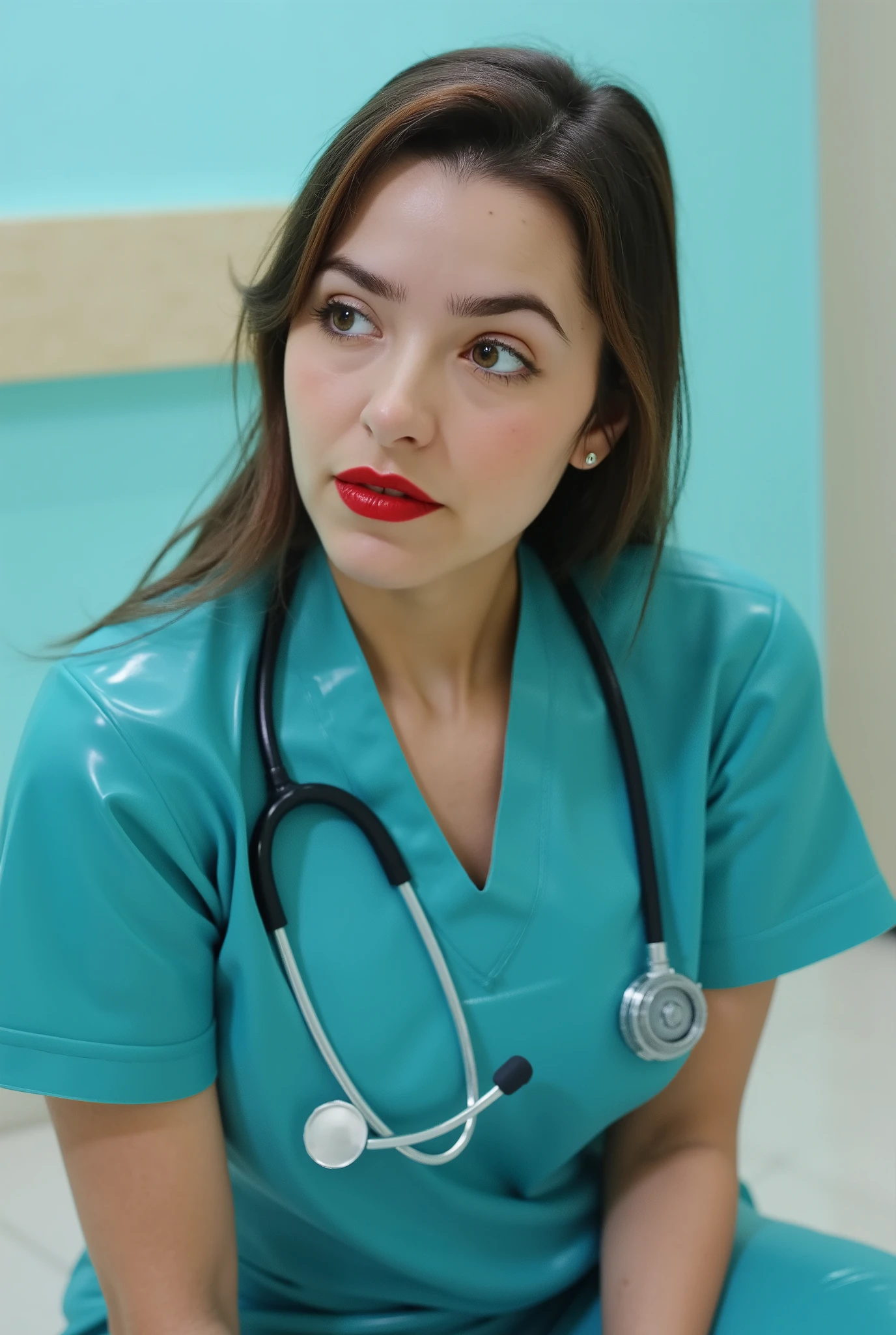 portrait of a doctor wearing a latex uniform, she is wearing extremely pigmented and shiny red lip gloss, she is on her knees, in the hospital