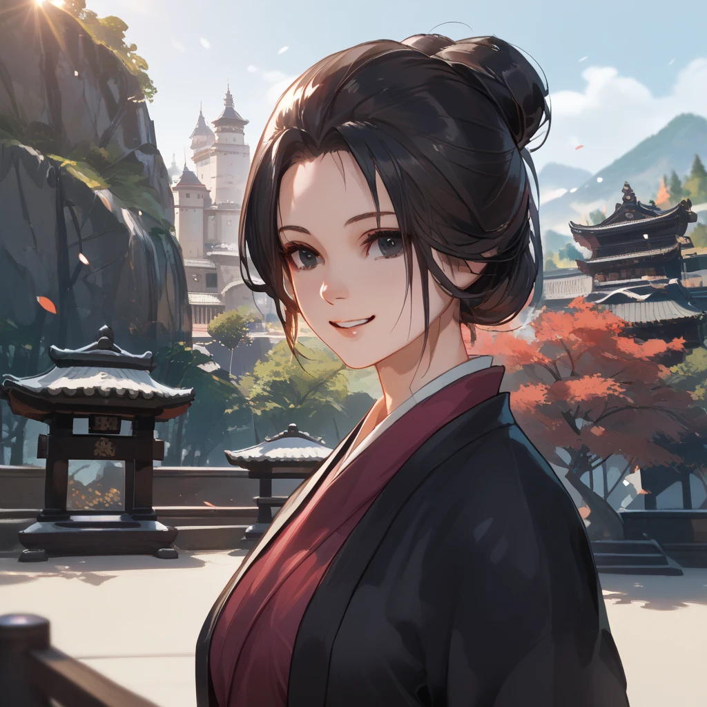 A woman wearing a black kimono with burgundy details, straight black hair, tied up hair, perfect face, perfect eyes, perfect hair, smiling, big breasts, black eyes, outside a Japanese castle, large Japanese castle, Japanese aesthetics, posture standing, daytime place.UHD , prime work , accurate , anatomically correct , textured skin , super details , high quality , best quality, 8k, high resolution, bokeh effect. (woman solo), close view
