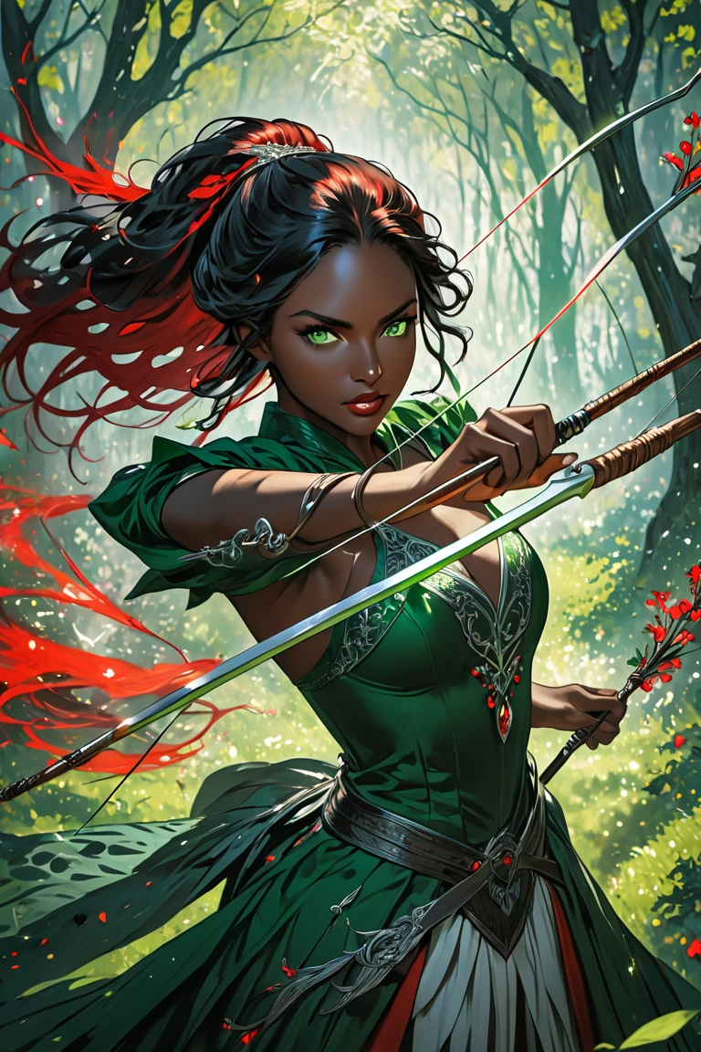 ((masterpiece)), ((best quality)), 8k, high detailed, ultra-detailed, long black hair, elven swordswoman in a Western magical setting, exuding a confident and heroic aura, ((flowing red cape)), ((mystical forest)), ((sparkling amulets)), green & gold armor,