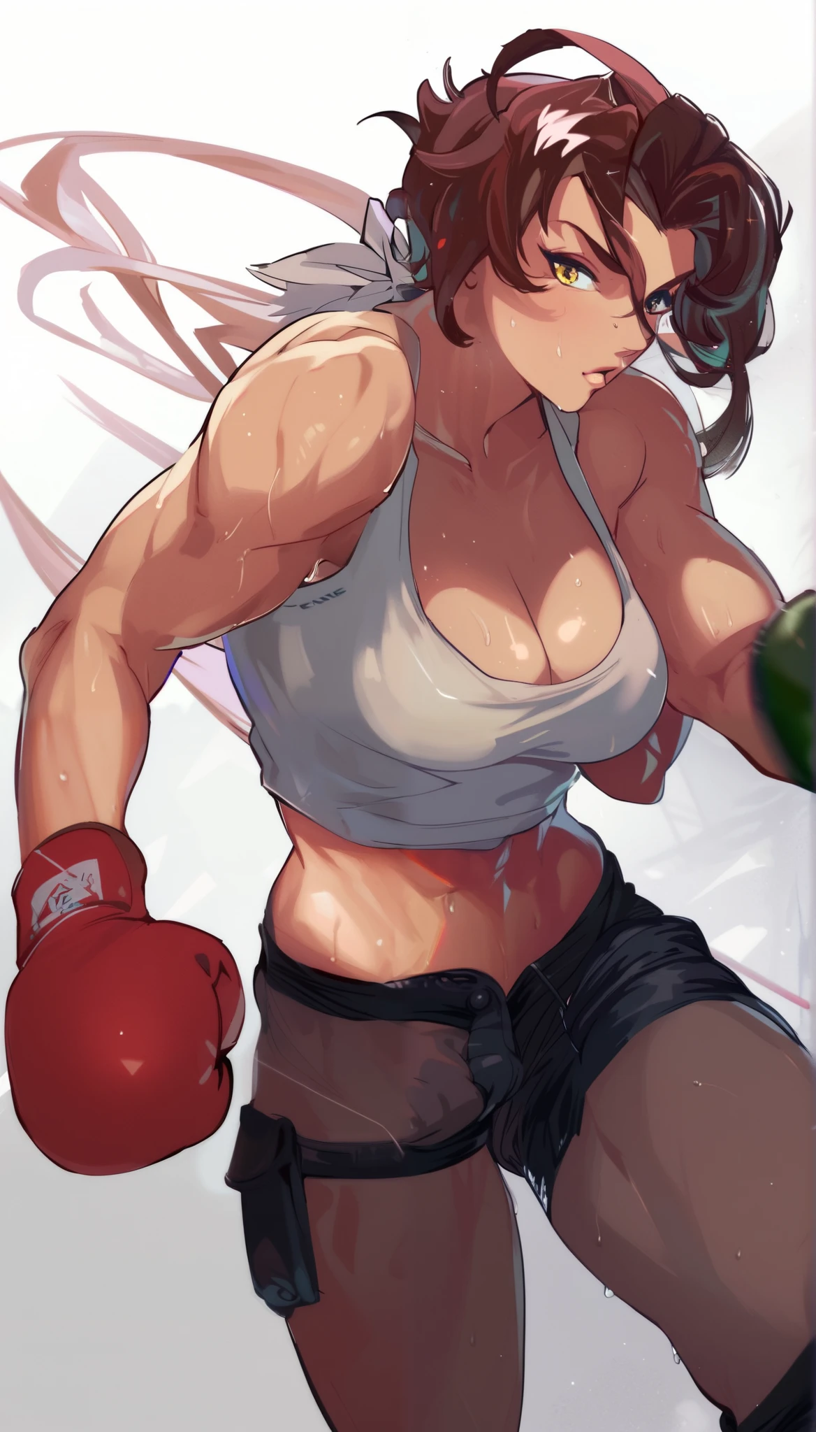 ((May)), Sexy lips, pink thong,  nude  ,  open vest, hat, ((Boxing gloves)), small, short ,Sweat all over the body, bouncing breast, big boobs, petite body,（Ecstatic look）,steam, angry eyes, accurate anatomy, NSFW,Female face, pornographic,