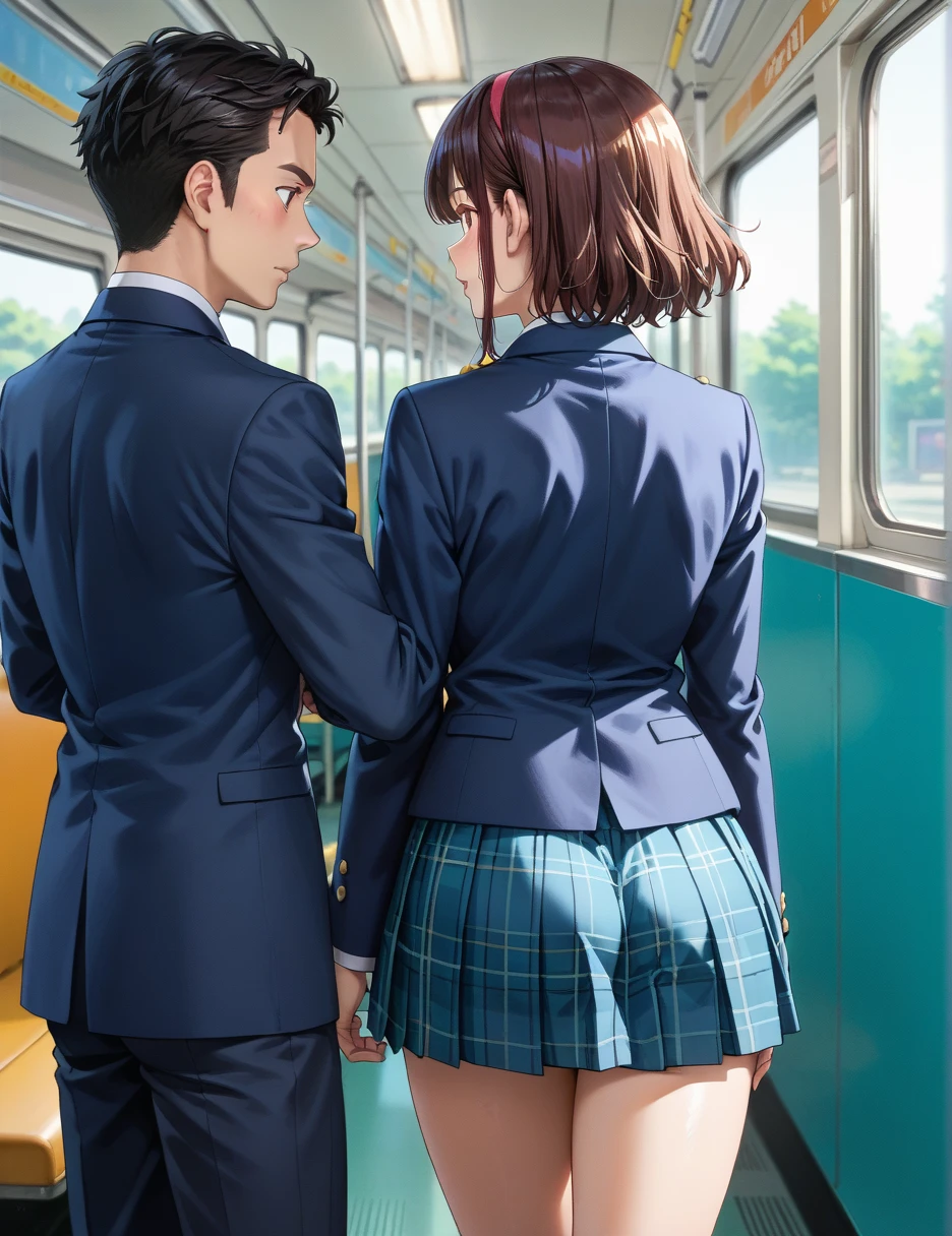 Commuting to school、 high school girl、 blazer uniform、 plaid skirt、 standing、 navy blue blazer、 on the train、 high school girlはつり革を手にもって standing、Molester、Having your butt touched