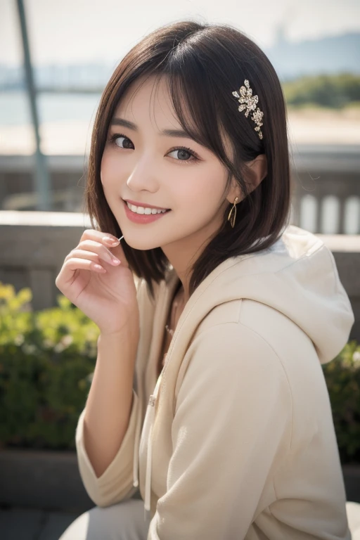 (8k, RAW photos,best quality, high resolution:1.1), (hyperrealistic:1.4),(realistic, photorealistic:1.3), soft light,big breasts,girl,realistic face,realistic body,realistic skin,absurdity,masterpiece,(cute:1.8), detailed black eyes,innocent eyes,blusher,mini skirt,cinema light,film grain,jewelry, Earrings,((Medium Hair:1.1)),((Floating Hair)),Beige Lips, Upper Body,Slightly Open Lips, Top Teeth, (Smiling Eyes:0.6),Depth of Field, Blurry Background, Eye Focus, Young, 85mm Lens, f/1.4,Professional Lighting,Portrait,Photon Mapping,Radiosity,Physically Based Rendering,Asian,