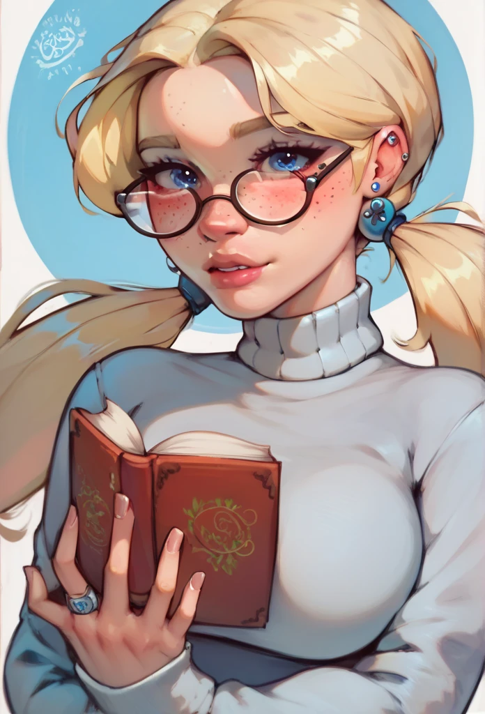 1girl, solo, blushing, thin round glasses, jelly art style, round breasts, pigtails, blonde hair, blue eyes, stud earrings, freckles, white turtleneck sweater, holding a book close to her chest