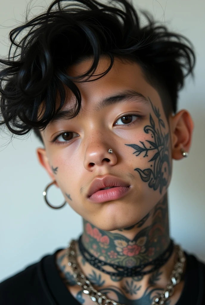 little black man with curly hair , with drawing tattoo, greeneyes (kinda dark), with 1;80 tall