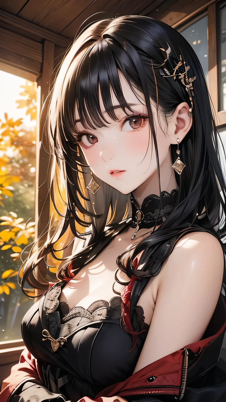 Highest quality, masterpiece, Ultra-high resolution, (Realistic: 1.4), RAW Photos, 1 person, Black Hair, Glowing Skin, (Beautifully detailed face), (Beautiful attention to detail),Dramatic lighting, whole body,, Red dress, huge
