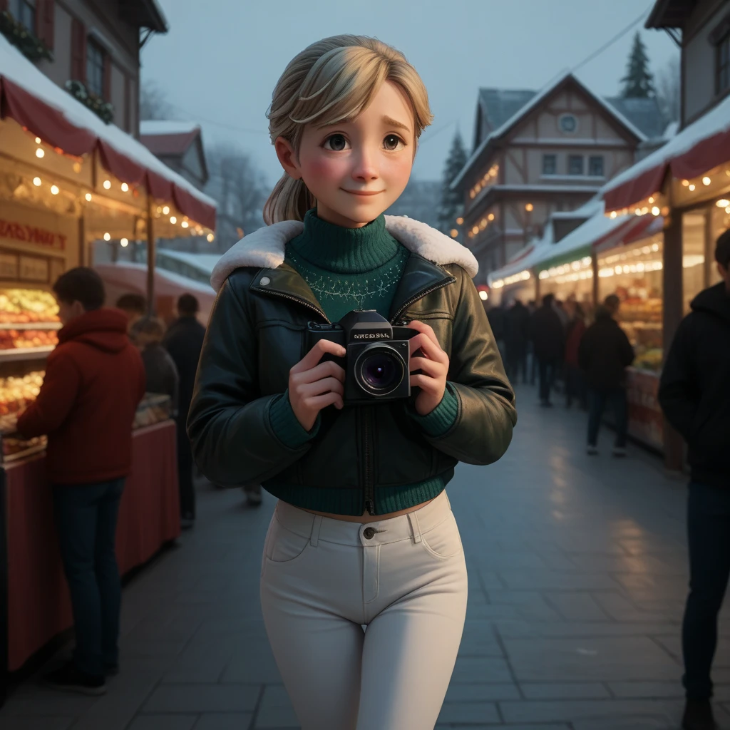 score_9, score_8_up, score_7_up, score_6_up, score_5_up, score_4_up, Ri_ley2, 1girl, blond hair, (((shy smile face looking at camera))),  ponytail, portrait, blushing, white trousers,  legs, cameltoe, (((at crowded christmas market))), snow, jacket crop top, ass, bending over stall to order