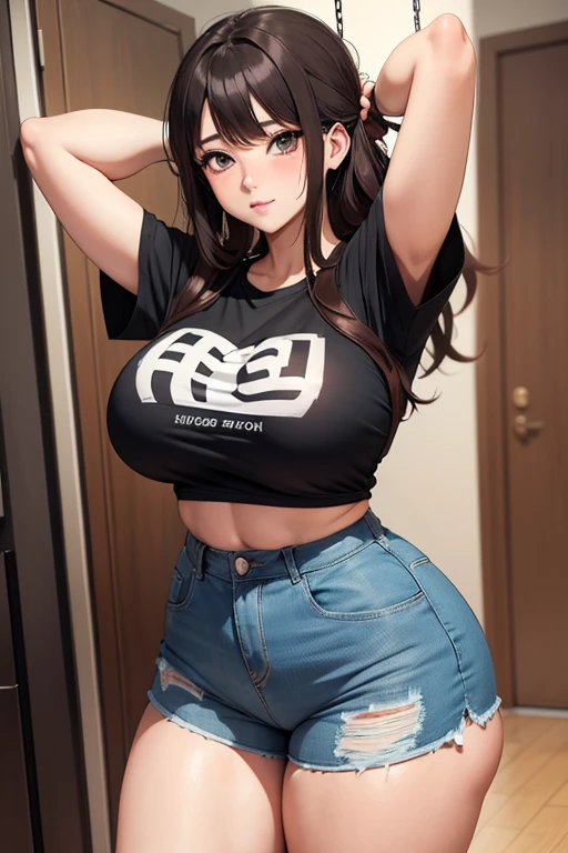 anime manga girl, (large hanging breasts12.3) fat booty, thick legs, thick waist, (wearing a t-shirt and shorts)