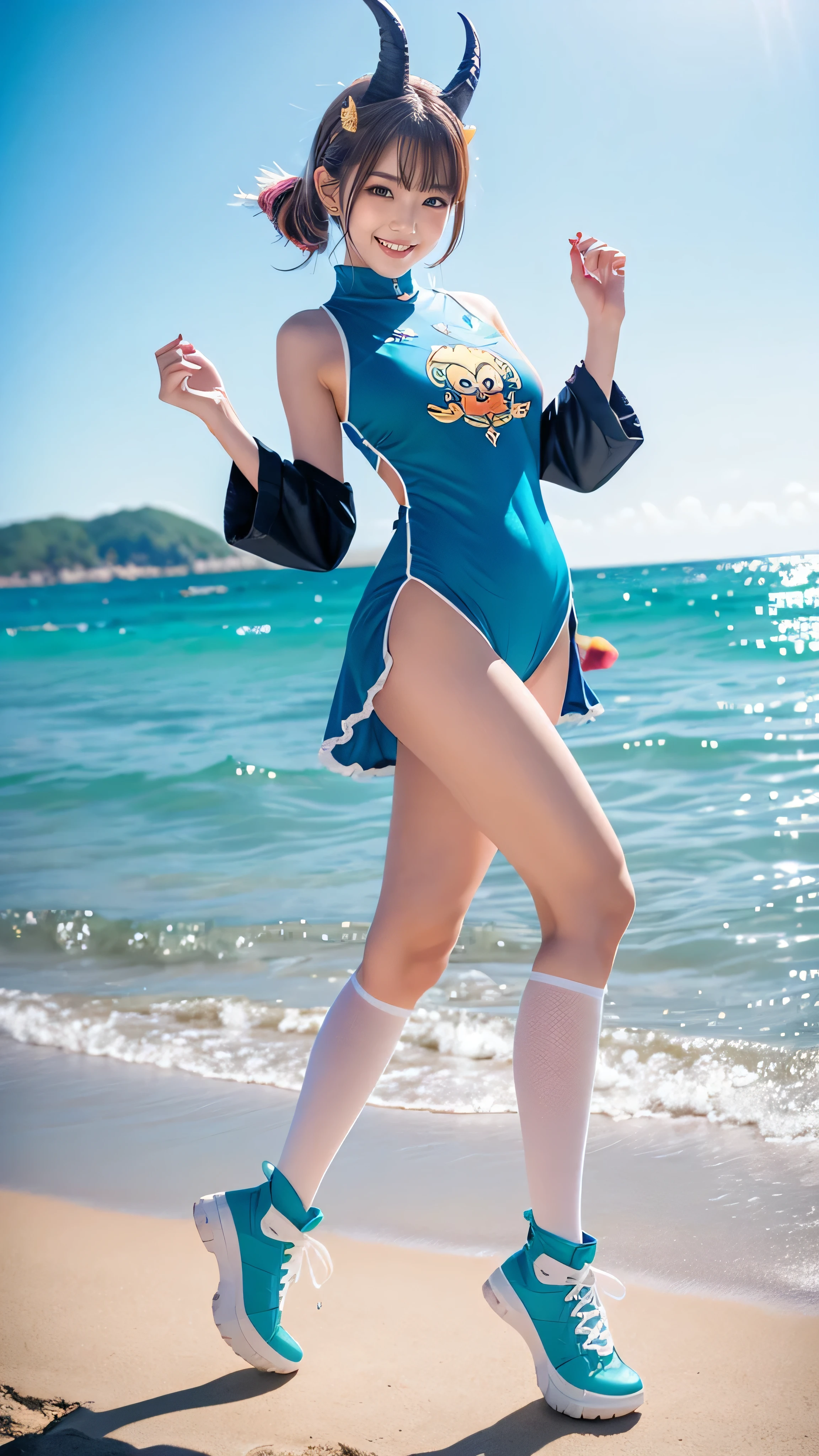 instagram star Xiaorou SeeU, dressed in swimsuit cosplay, is strolling and acting adorable by the beach, no nudity, safe for work, show all of her, full body shot, head to toe, highest detail, masterpiece, extreme quality