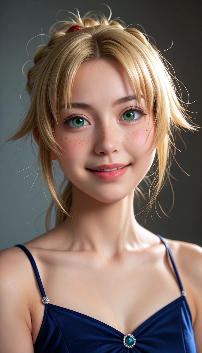 (high quality), (best quality), (super detailed), (photorealistic : 1.2), high resolution, 8K, perfect composition, (high detail), beautiful lighting, moody lighting, (1 cute Japanese idol : 1.2),  portrait, fine features, (face in focus, pretty face, lovely smile), high resolution, realistic, scenery, detailed, hirune style, blush, pretty face, (1 girl), (solo), mordred by fate, blonde hair, green eyes, freckles on face,, vivid and deep look, looking at viewer, full lips, slightly reddish lips,