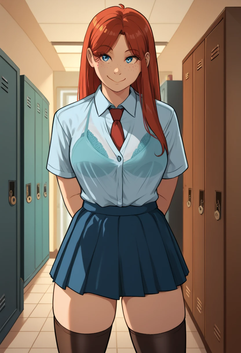 safe_pos, Score_9_up, score_8_up, score_7_up, BREAK, cowboy shot, solo, 1girl, christiemnf, freckles, red hair, long hair, blue eyes, collared shirt, school uniform, bra, skirt, thighhighs, hands behind back, smile, school hallway, lockers doors