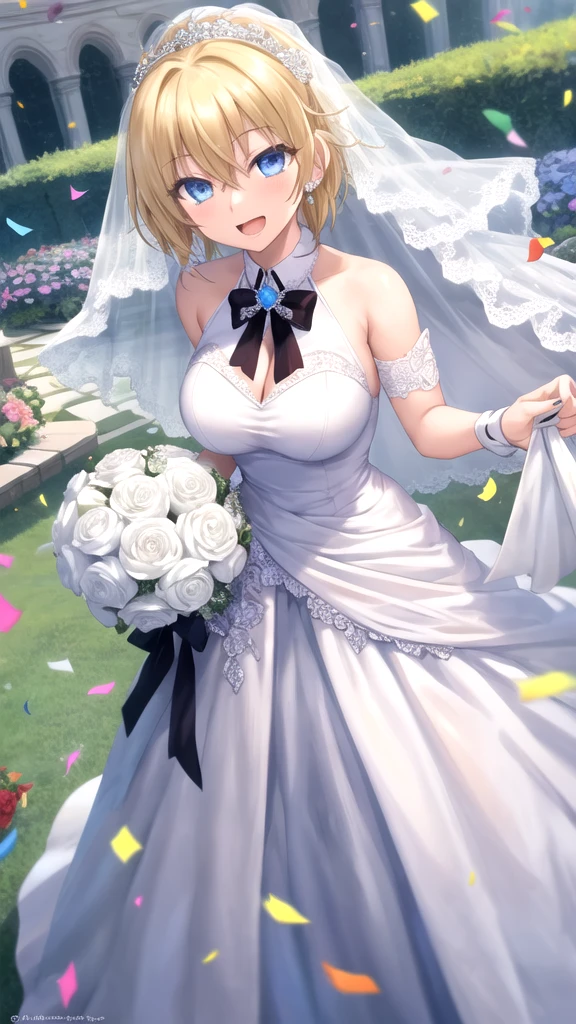 masterpiece, best quality, high quality, girl, solo, looking at viewer, yuuto_kiba, blonde hair, blue eyes, hair between eyes, large breasts, wedding Dress, standing, garden, confetti, holding bouquet, smile, open mouth,