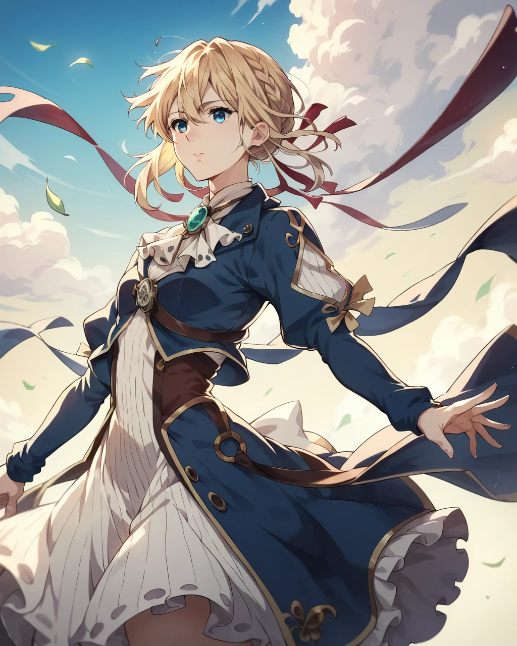  Anime Style, top quality, 4K,  very aesthetic ,  1 woman,Violet Evergarden , blonde hair ,Blue Eyes, blue jacket , dress, Dynamic Angle , cowboy shot,