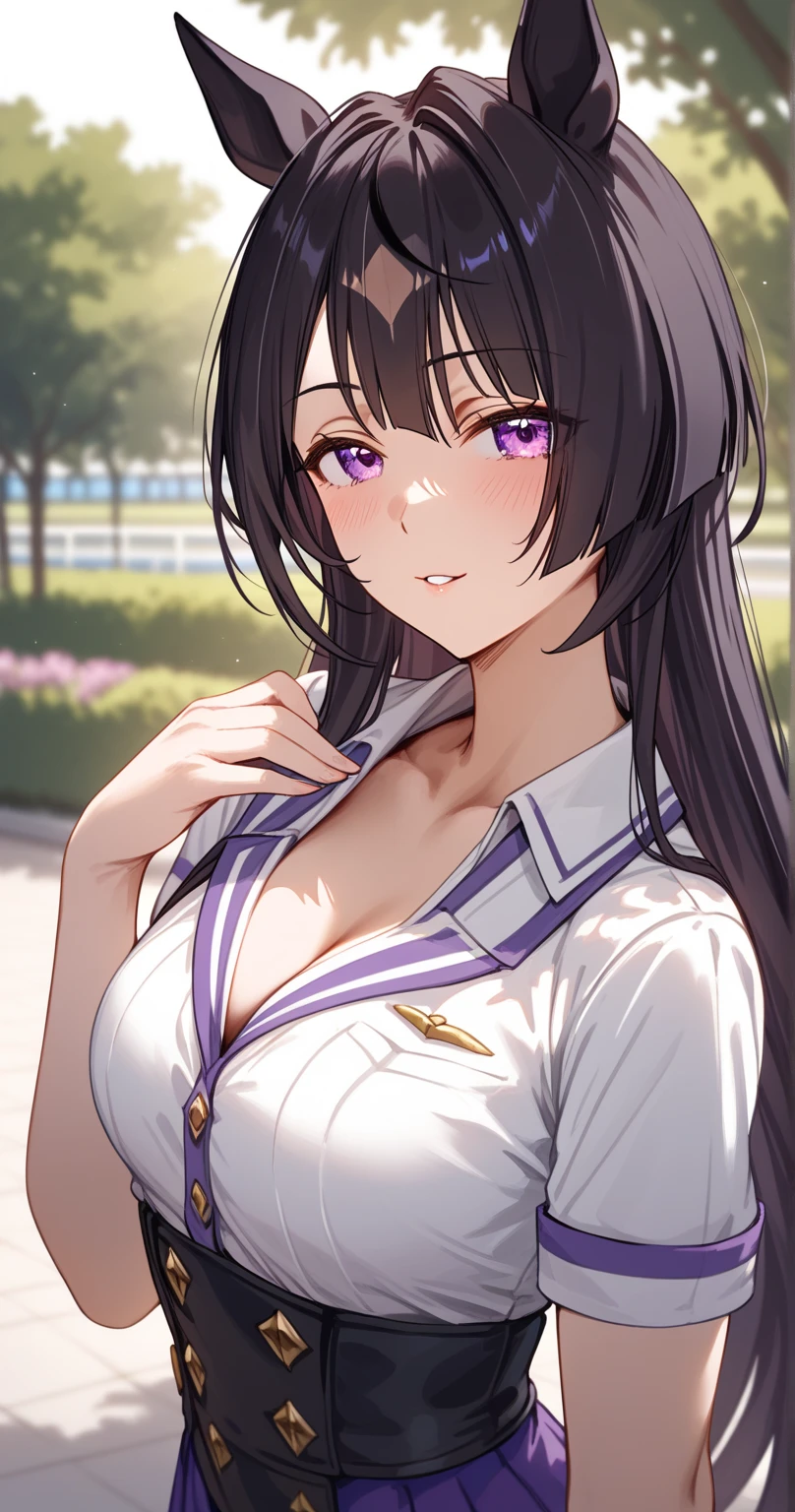 1girl,black hair,purple eyes,horse girl,long hair
BREAK
mejiro dober \(umamusume\) ,25 year old woman、medium breasts、cleavage,sexy Lip,Moist eyes、Gentle eyes、Gentle look,looking at viewer ,blush
BREAK
high definition , masterpiece,  anatomically correct ,  very detailed,  High Quality 
BREAK
in park,cowboy shot, sexy pose,plain clothes