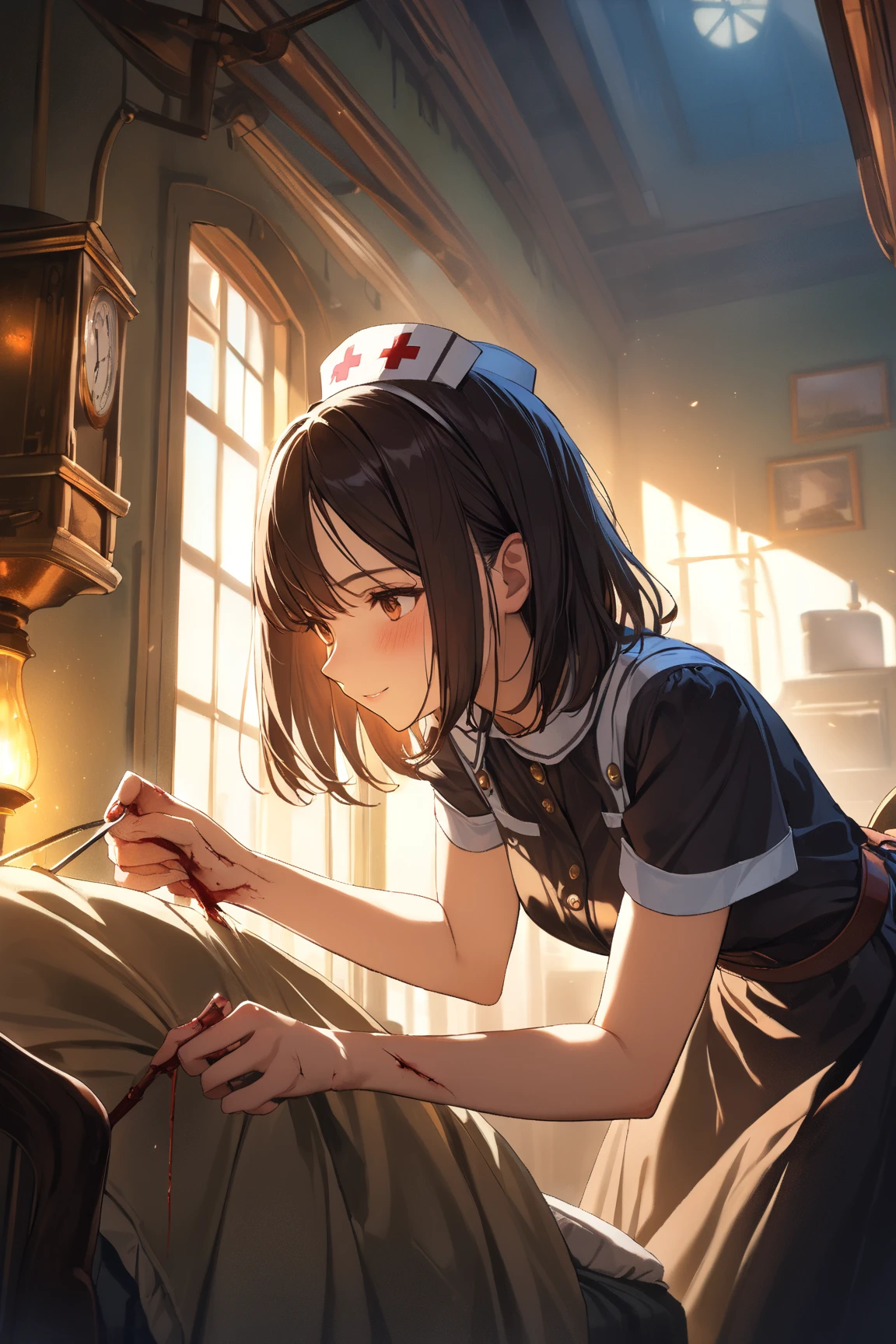 1 girl, (cute face), 19 years old, (medium hair:1.2), (blushing), large breasts, slim, (wearing a detailed nurse uniform), short sleeve, (pocket watch), (porcelain skin), BREAK
steampunk, Steam-filled room, vintage chairs, (leaning over patient:1.2), (tending to wounds:1.2), indoors, BREAK
(soft lighting, ambient glow, gentle shadows), whimsical atmosphere, game cg, BREAK
absurdres, highres, ultra detailed, beautiful, masterpiece, best quality,