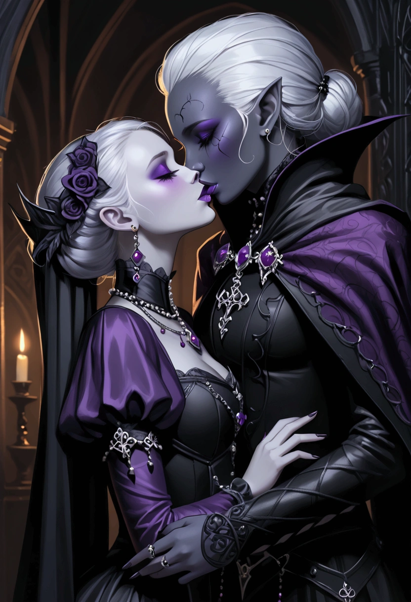 2 drow lady (grey skin) in small purple cloak in a goth dark room , kissing