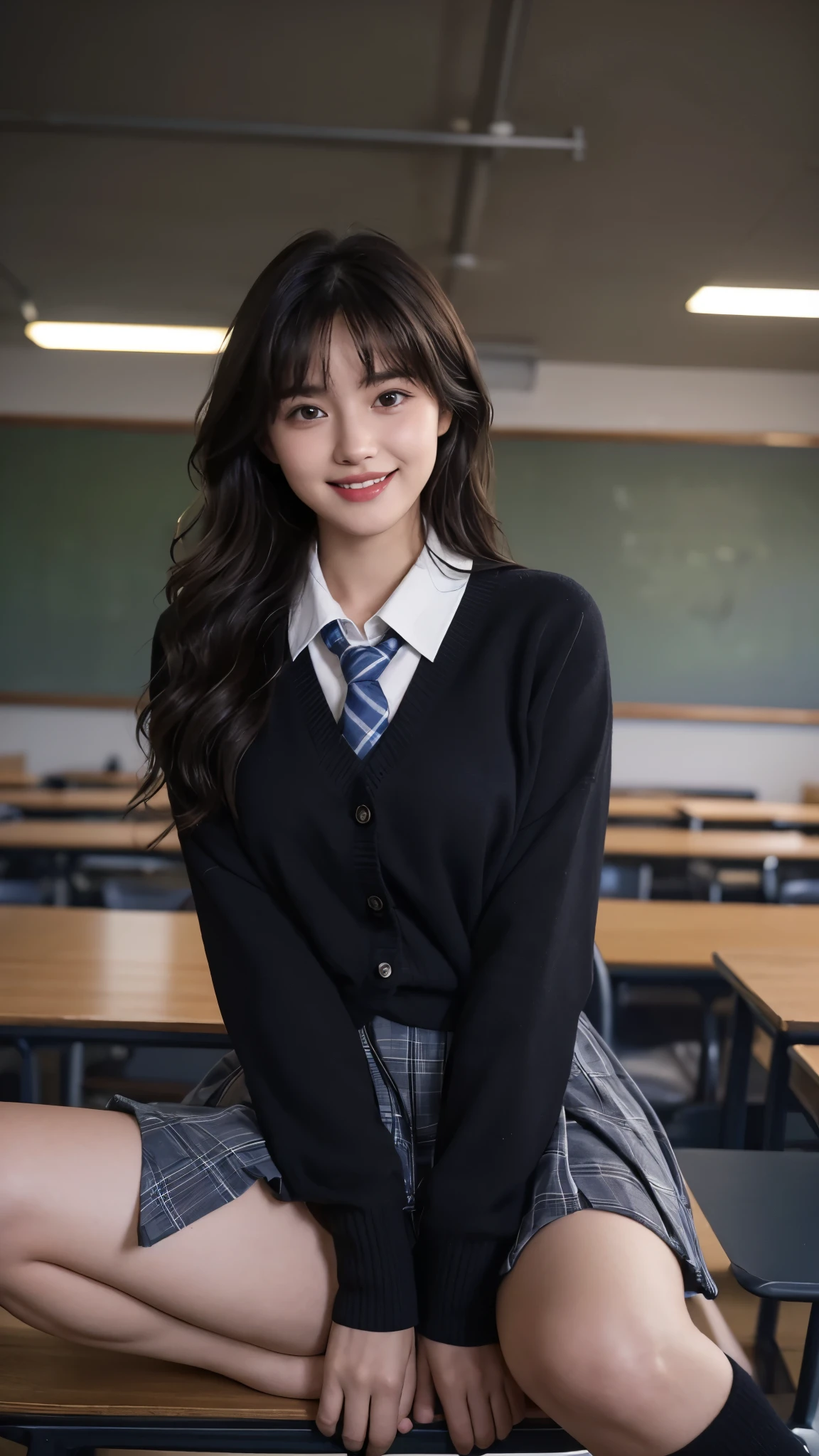 (Highest quality, 4K, 8k, High resolution, masterpiece, Genuine, Realistic, Realistic:1.3), (upper body), Girl sitting on the school desk in classroom, blue neckerchief Uniform, Dark Blown Blazer, blown plaid skirt, Gal Makeup, wearing oversize dark sweater amd white collared shirts, dark black pantyhose, ((long wavy hair)), 19-year-old, bangs, grin,Thighs, knees, From below, pinching skirt:0.7, black long socks, open legs:0.8,