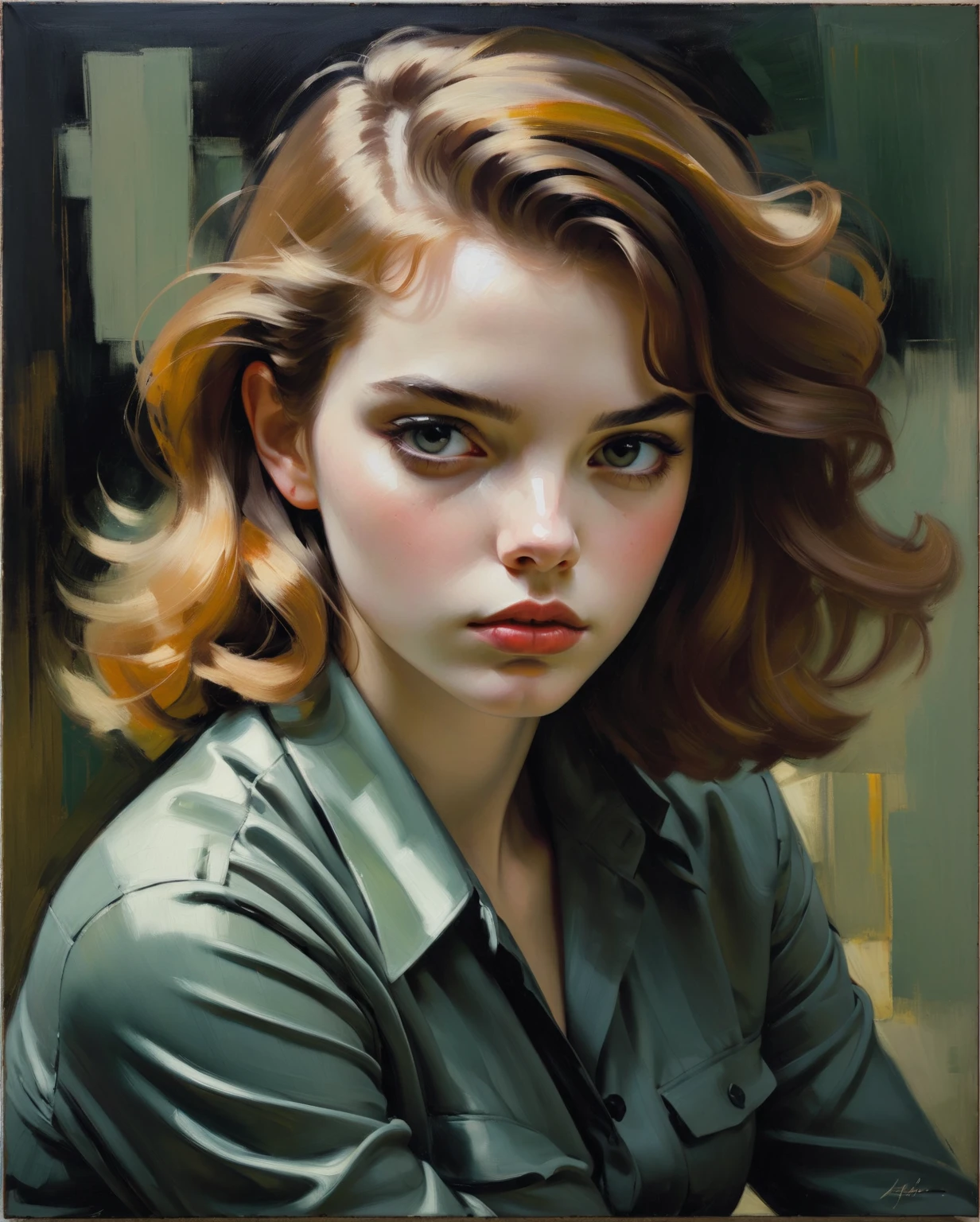  Create an evocative oil painting inspired by Malcolm Liepke ,  based on the provided image . Capture the intense ,  introspective expression of the young subject using thick ,  expressive brushstrokes and a muted color palette .  Highlight the emotional depth and vulnerability in the subject's gaze ,  emphasizing the play of light and shadow on her face .  Maintain a simple ,  Textured background that complements the contemplative presence of the subject ..  Focus on the tactile quality of oil painting to convey emotion Crude and Intimacy Characteristic of Liepke's style.