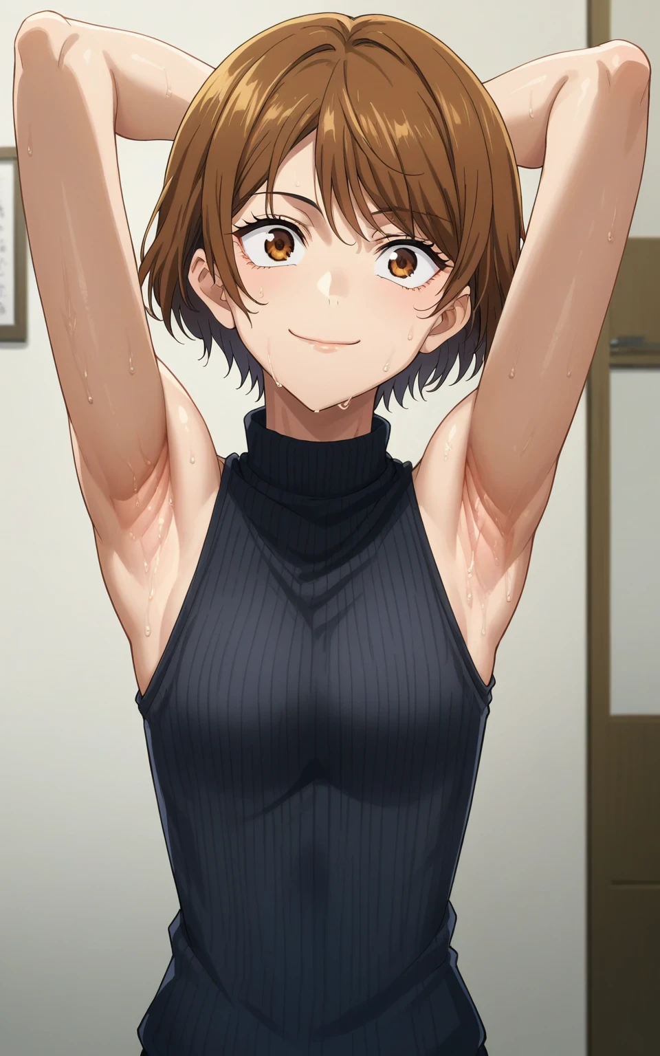 score_9, score_8_up, score_7_up, source_anime, anime screencap, 1girl, solo, brown hair, short hair, brown eyes, black sweater, sleeveless sweater, ribbed sweater, turtleneck, bare shoulders, arms behind head, armpits, looking at viewer, head towards viewer, smile, badhandv4, indoors, from above, closed mouth, sweaty armpits