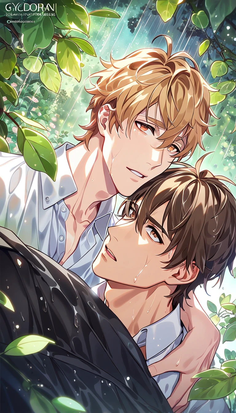 absurdres, highres, ultra detailed, HDR, master piece, best quality, extremely detailed, detailed eyes, detailed face, Quincy, blonde hair, expressive orange eyes, Nu Carnival, Eiden, brown hair, expressive brown eyes, two sexy men together, yaoi, gay couple, handsome, horny, lewd, wet, light-blue transparent rain coat, transparent black rain coat, his white shirt can be seen through, spring, flowers, green leaves, magical forest, dark fantasy, rain, night