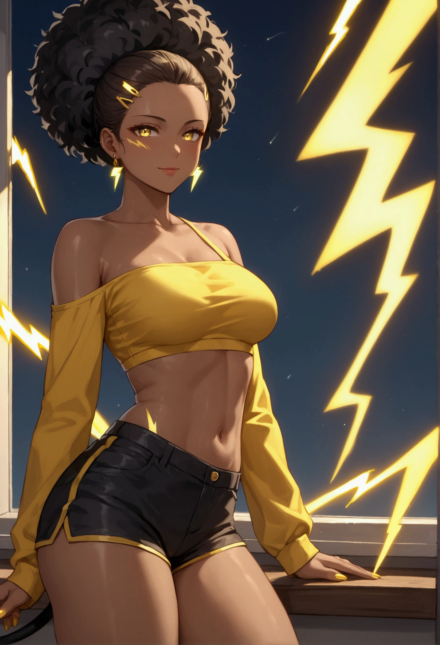 ((Electric Type)) ((Extremely Detailed curvy thick slim fit figure)) ((Extremely Detailed window with Yellow thunderstorm in the background)) ((Extremely Detailed round sexy butt)) ((Extremely Detailed big beautiful beast)) ((Extremely Detailed Beautiful Dark Brown soft skin body)) ((Extremely Detailed black panther ears with glowing yellow lightning marks)) (Extremely Detailed big black panther tail with glowing yellow lightning marks)) ((Extremely detailed glowing yellow lightning nails)) ((beautiful thick slim fit Thigh)) ((Extremely detailed long sleeve crop top shirt with yellow top with glowing yellow lightning bolt in the middle of the top)) ((Extremely Detailed black shorts)) ((happy)) ((visible belly)) ((seductive)) ((Extremely detailed beautiful big black Afro with glowing yellow lightning bolt hair clip)) ((high resolution)) ((masterpiece, Extremely Perfectly detailed)) ((Extremely Detailed 8k quality)) ((inviting eyes)) ((yellow eyes)) ((Extremely Detailed Front View)) ((Extremely perfect Detailed seductive pose)) ((looking at viewer)) ((smirking)) ((extremely Detailed beautiful detailed face)) (((Anime female Waifu))) ((clothed human)) ((score_9_up, score_8_up, score_7_up)) ((source anime)) ((indoors)) ((outdoors)) (((female human))) ((shiny)) ((Extremely perfect detailed lightning marks)) ((Extremely Detailed Beautiful Dark brown fit body)) ((beautiful curvy thick slim wide hips)) ((Extremely Detailed glowing yellow lightning bolt earrings)) ((Everything Extremely Beautiful, Detailed, Perfect, And 8k))