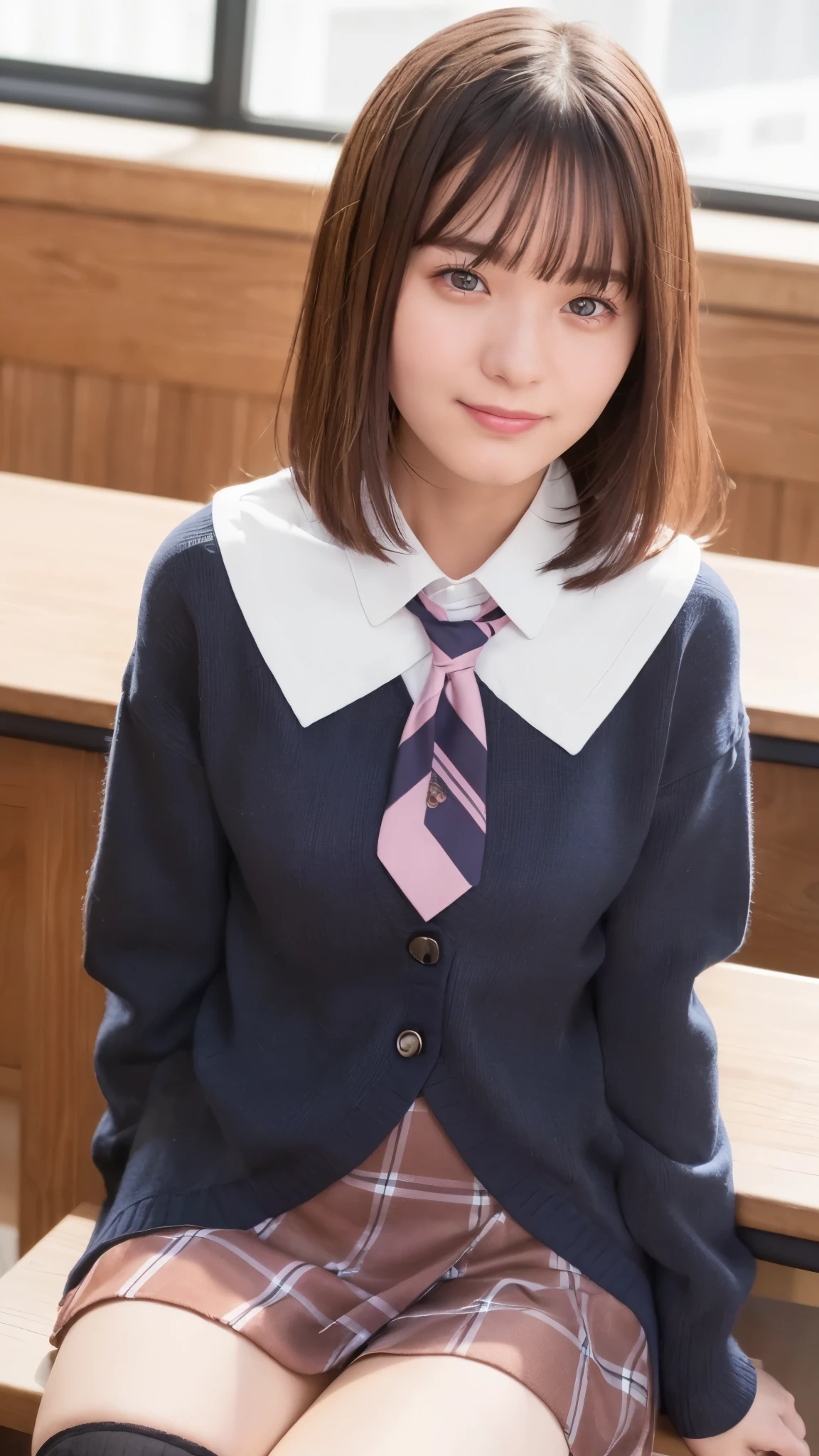 (Highest quality, 4K, 8k, High resolution, masterpiece, Genuine, Realistic, Realistic:1.3), (upper body), Girl sitting on the school desk in classroom, blue neckerchief Uniform, Dark Blown Blazer, blown plaid skirt, Gal Makeup, wearing oversize dark sweater amd white collared shirts, dark black pantyhose, ((pink hair)), Gold Bracelets, 19-year-old, bangs, grin,Thighs, knees, From below, pinching skirt:0.7, black long socks, open legs:0.8,