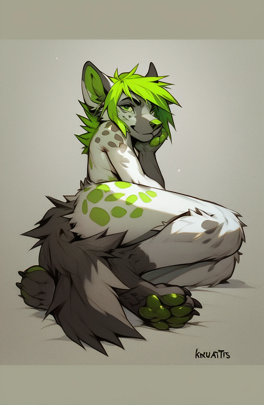 Ultra realistic, furry, anthro, spots on shoulder, apots on leg, laying down, pawpads to viewer