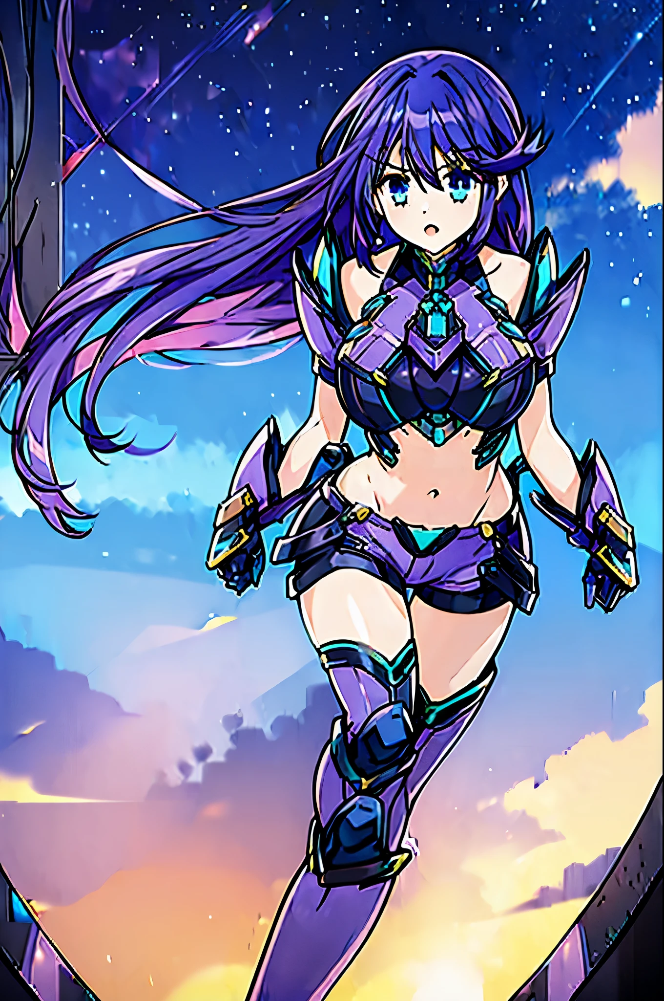 Long Purple hair, blue eyes, ((((1girl)))), ((busty)), athletic build, purple clothes, booty shorts, crop top, blue stockings, ((black mechanical boots)), ((black mechanical gauntlets))