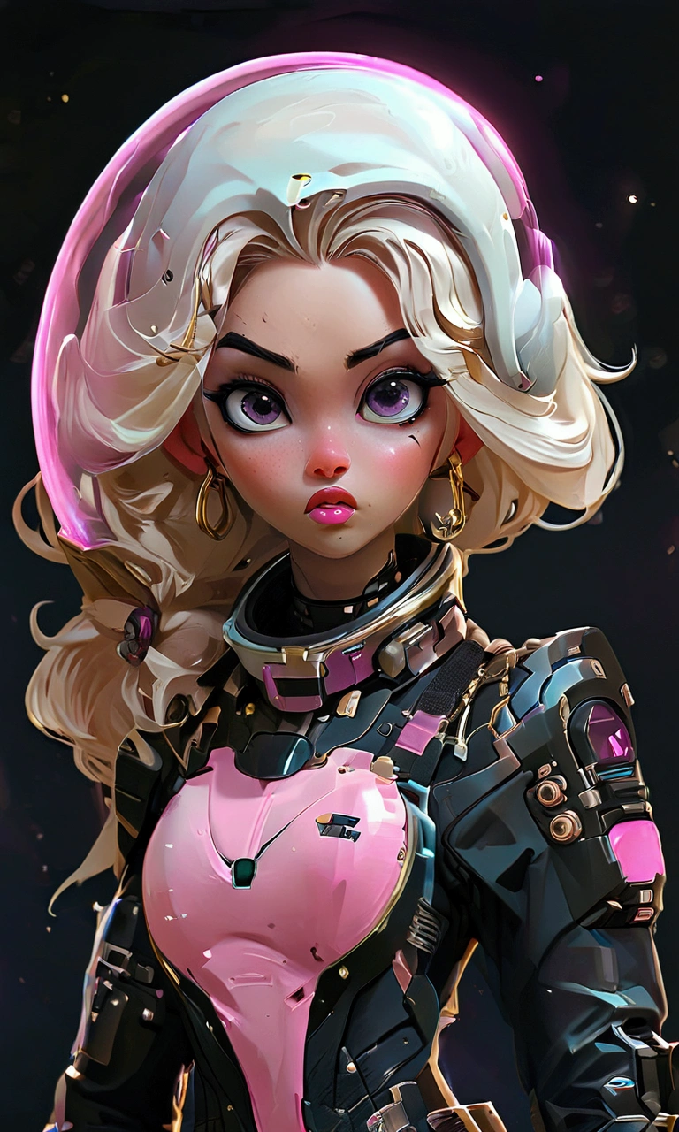 young goth woman, 1980s science fiction illustration, intricate details, long hair, sexy  látex spacesuit, neon pink and gold spacesuit,  round bubble glass helmet, pale white skin, cyberGoth Hair, tatoos, angular hair cut with large colorful forelocks framing her face. large eyes with thick black eyelashes, determined expression, Gold and pink Space Uniform, wears a black choker, She has a slender and athletic build, Angular Facial Features, high cheekbones and a pointed chin. She wears pink lipstick