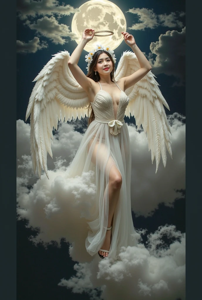 (((Masterpiece、top-quality、Highly complex and detailed depictions)))、((Very beautiful angel queen,maternal,mothers,Beautiful smile,Final Form as Perfect Angel, ,Huge and realistic angel wings,The most dignified feathers,Deities々Shikai,King of Angels,The most dignified angel,White glowing feathers、The feathers have a transparent shine、Angels descending from the sky、Soaring from the sky、Beautiful sky background、Composition looking up、An angel descended from the sky、The most massive princess dresses, the finest necklaces,artistic décor,Angel masterpiece intricate and solemn dress,White decorative dress,Huge Princess Dresses,The most majestic figure of the angel,The most intricately depicted angelic figures,An angel with a crystal clear glow、It radiates a divine glow、Filled with a sacred and intricate radiance、the most beautiful in the world,Unimaginable beauty,divine atmosphere,The most intricate and beautiful dresses,Accurate reproduction of the perfect angelic detail,The figure of an unimaginably gorgeous angel,The figure of an unimaginably huge angel)),((Most beautiful face,Half Japan and half Spanish,The happiest smile,Beautiful wavy hair,The most luxurious and intricate dresses,stares at the camera)),(Tighten your waist、Emphasize body lines))Giant wings of angels,masutepiece,8K,very intricate,ultra-detailliert