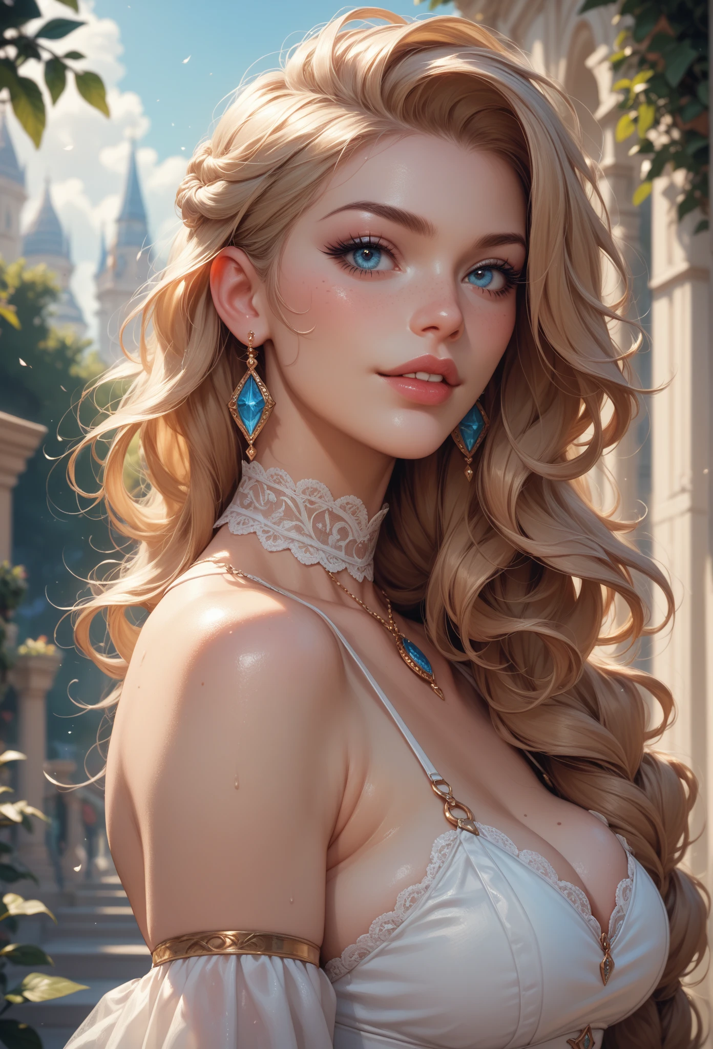 portrait Jessica Biel, wearing beauty Cinderella outfit, against the background of the Disney castle, 8 0 3 0 s, wavy hair, intricate, elegant, highly detailed, digital painting, artstation, concept art, smooth, sharp focus, illustration, art by thomas kindkade, charlie bowater, artgerm, greg rutkowski, alphonse mucha and alexandra fomina, 36k, glittering, shining