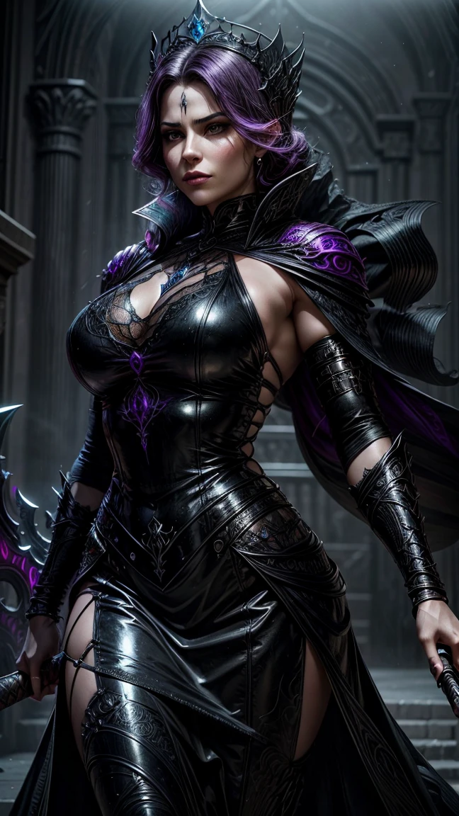 Hyper-realistic, cinematic. A breathtakingly beautiful evil queen exuding a powerful, commanding aura. Her striking hourglass figure is both muscular and elegant, accentuated by intricate jewelry and ornate body markings that glimmer under the light of a starry night sky. She wields a super sword, radiating an otherworldly energy, with its blade etched in glowing runes. Her presence is enhanced by swirling neon mist in the background, casting vibrant hues of purple and blue, creating a dramatic and ethereal atmosphere. Her expression is regal and menacing, embodying her role as a formidable queen boss.