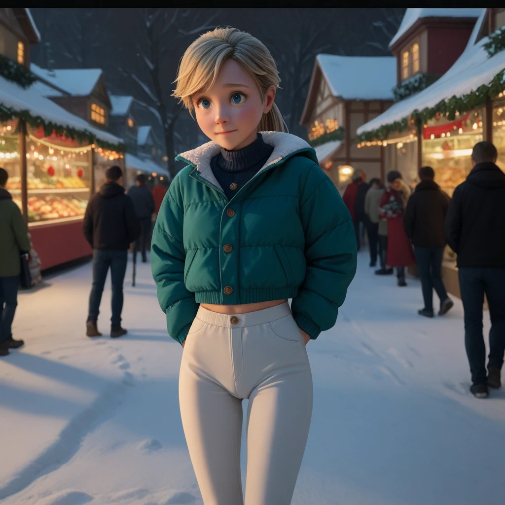 score_9, score_8_up, score_7_up, score_6_up, score_5_up, score_4_up, Ri_ley2, 1girl, blond hair, blue eyes, (((joyful face looking at camera))),  ponytail, blushing, white trousers,  legs, cameltoe, (((at crowded christmas market))), snow, jacket crop top, ass outline, bending over stall to order