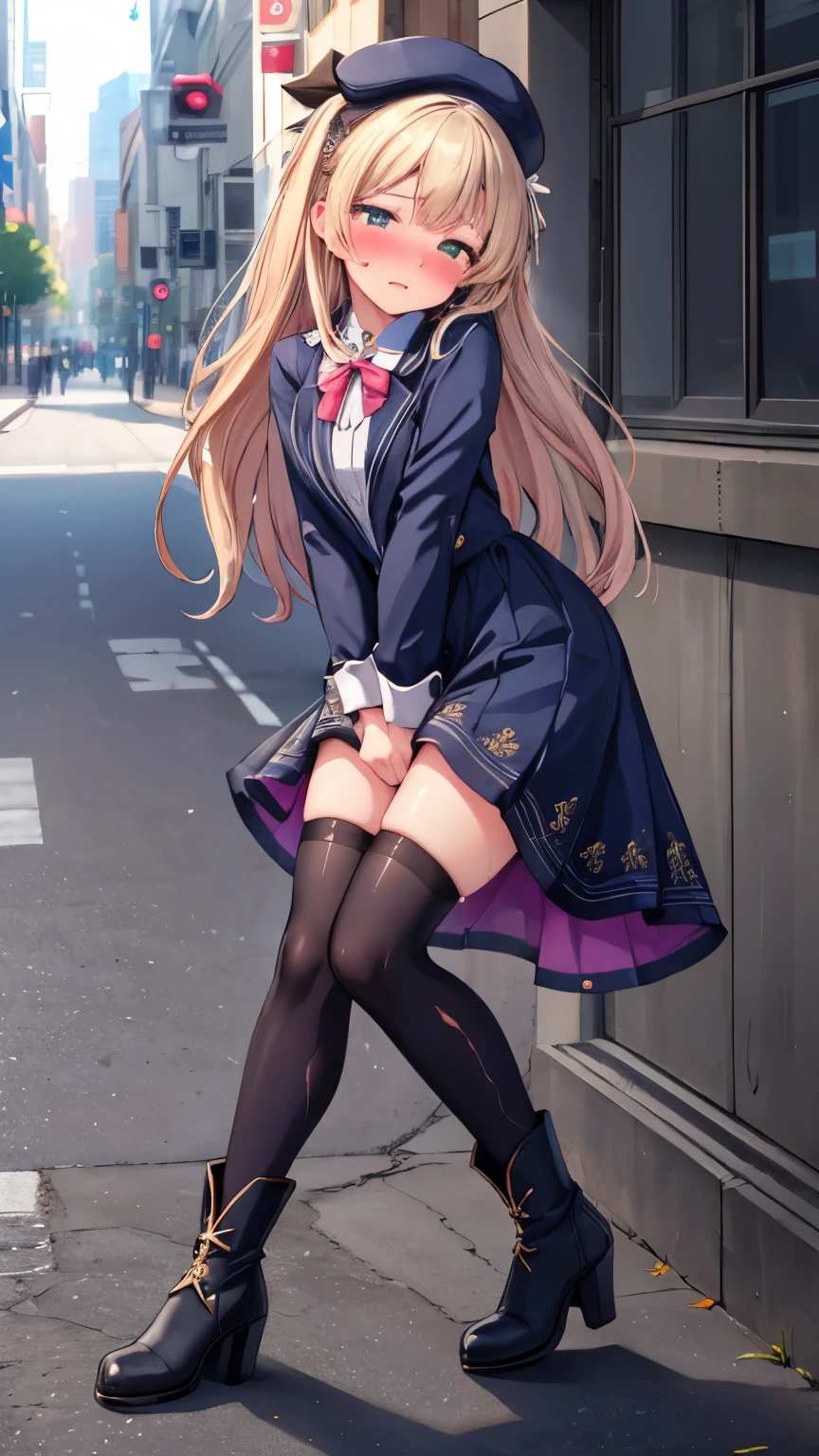 (8K, ultra-detailed, best quality, anatomically perfect body:2), (beautiful breast:1.2), shiny skin, (have to pee, shaking with the effort to hold pee), (desperate urge to pee), (very desperate to pee), (her bladder is at its limit, unable to hold pee), (Standing:1.7), (peeing self), (pee puddles), (tight long dress, ankle boots with heel:1.5), (panty pull), (Untidy hair:1.4), (She rubbing her crotch very hard:1.8), (arch backward, knees together and feet apart, Rub each other's thighs:1.6), (jiggled, twisting and turning whole body:1.8), (panting), (shrugs:1.6), (orgasm:1.5), (full face blush:1.7), (embarrassment:1.6), (impatience:1.7), (flustered:1.5), breathless, (Humiliation), (turn on), (closed eyes:0.9), looking away, (arousal), (head tilt:1.2), (little open lips), (SIGMA 105 mm F/2.8, 1/100 sec shutter, award-winning), on street, (ultra-detailed face:1.2), from side, nsfw,